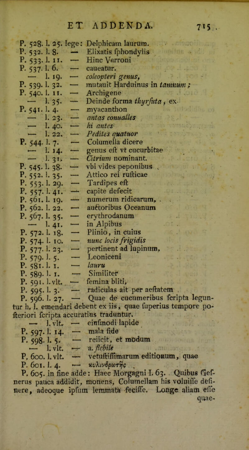 7^5 . p. 528- [.35. lege: Delphicam laururn. p. 532. 1. 8. — Elixatis fphondylis P. 533- 1. 11. Hinc Varroni P. 537. ] . 6. —— caueatiir. l. 19. ■—■ coleopteri genus, P. 539. ] 1. 32. mutauit Harduinus in tammm ; P. 540. . II. Archigene l. 35. — Demde lorma thyrjiita, ex P. 541. • 4. — myacanthon . 23. — antas connalles •— . 40. ■— hi antes . 22. '— Pedites quatuor P. 544. 1. 7. •— Columella dicere l. 14. '— genus elc vt cucurbitae 1. 31. — Citrium nommant. P. 545. ] .38. vbi vides peponibus , P. 552. • 35. — Attico rei rufticae P. 553- l. 29. ■ Tardipes eft P. 557- 1. 41. —^ capite deiecit P. 561. 1. 19. numerum ridicarum, . , P. 562. 1. 22. auttoribus Oceanum P. 567. • • • 1.35. 1.41. erythrodanum m Alpibus P. 572. l. 18. — Plinio, in cuius P. 574- l. 10. '— nunc locis frigidis P. 577- 1.23. ■— pertinent ad lupiniim. P. 579- J. 5. Leoniceni P. 581. 1. I. lauru P. 589- 1. I. Similiter P. 591. l.vlt. femina bliti. P. 595. I. 3. radiculas ait per aeftatem P. 596. 1. 27. Quae de cucumeribus fcripta legun- tur h. I. emendari debent ex iis, quae fuperius tempore po- fteriori fcripta accuratius tradufttur. —- 1. vlt, — einfmodi lapide P. 597.1. 14. —• mala fide P. 598. 1. 5. — reiictt, et modum — 1. vlt. -T- a.flcbHg P. 600. l.vlt. — vetuftilTimarumeditionum, quae P. 601. 1. 4. '— ■nvXivipuTTji; , P. 605. in fine adde: Haec Morgagni I. 63. Quibus Gef- nerus pauca addidit, monens, Columellam his voiuiffe defi- nere, adeoque ipfum lemmata feciffe. Longe aliam efie quae-