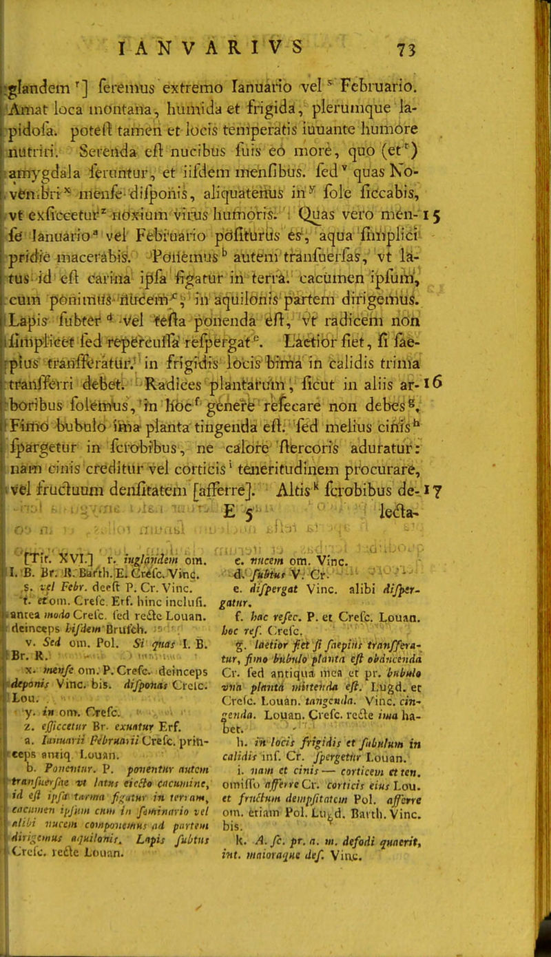 glandem'] feremus extremo lanuario'vel ^'Fcbruario. Aniat loca inontaha, humida et frigida, plerumque ia- pidoia. poteft tariieii et locis tenipersitis iuuante humore luitriri. Serenda efl: nucibus luis eo more, quo (etO amygdala feruntur, et iifdem mehfibus. fed' quas No- ven.bri menfe difpoiiis, aliquateiius iri^' fole ficcabis, vt exficGetut^^ ndxium vii^s humoris; ; Quas vero mtn-15 fe lanuario vd Ftbfuario pdfitbriis fes^, aqua'fin'i|)Iict' pridie macer<!ibis. -'Poilfemus'' auteiivtranfuerfas,'vt Ik- tus-id''ieft cfariiia' ipfa'#^ttifiidlefi^!il' catumen iplii^,' cum pOni miU- 'rilrceiihf V' aquiloriis' paitem dirigeiiiiis. Lapiy fubtct'-Vel 'ferta ponenda nift, Vt radicerii non ilmplicef fed repefeuira refpfergatEactior fiet, fi lae- pius trarilR^ratuf.' in frigidis locis'Miria in caiidis trima tranfferri debeti -Radices plantarum , ficut in aiiis ar-l6 boribus foifehi^usVin Kbc*^^ genetfel'rfefecar6 non debe^i^, Fimo bubulo iiaia' planta tingenda efti Ted meh\is cihfs** ipargetur in fcrobfbus',^B'e-^cardf6''■ftlercoris aduratuf: iiam cinis cfeditilf vei cortiCis' t^neritudinem procurare, vel frucluum denfitatem [afFerreJ. Altis '' fcrobibus de- i? (>■ ■ munA iiiu jl^oii dJ fuBiut 'V.' 'Gf. '^^l^ .^^^' •■ - • e. tiifpergat Vinc. alibi Aifptr- gatiir, (. hac refec. P. et Crefc. Louan. hoc ref. (ircfc. g. laeiior fei ji faepitts tranffe^a- tur, fim» huMo ftaiita efi eS^iincevda Cr. fed antiqua inca ct pr. l^Hbnlo viitt plantA jnittehria efl. Lugd. et Crclc. Louan. tangcttda. Vinc. cin- tnda. Louan. Crefc. rcde ima ha- bet. ' - ■ ' h. ih locit frigidis et fiiMwn in calidit inC Cr. fpcrgetitr Louan. i. nam et cinis — cortkem et ten. omifTu affetreCv. corticis ew Lou. « fructum deiiipjitatcm PoL afcne om. fetiam Pol Lutd. Baith.Vinc. bis. k. A. fc. pr. a. m. defodi qnaerit, int. Mitioraiue def. Vini;. I.rB. Br. li. B&/th.:E.Cr«fc. Vinc. ,S. tel Febr. deeft P. Cr. Vinc. iffom. Crefc. Erf. hinc inclufi. lantea modo Crefc. fed re£tc Louan. fdeinc^ps iW/ikwBrufch. ; V. Sed om. PoL Si'/ritarl. B. IBr. R.» • • -■ ■■= ' '■'•.■.•■.■.■> X. ww/c om.P.Crefe. deinceps \depditi/ Vinci. bis. difponat Crclc. ilou; . ■. '>^ .■ ■ < 'y. in om. Crefc. z. ejjiccetiir Br. exHirtur Erf. a. laimnyii Pibrmiiit^xiic.^rvor teeps sntiq I.ouan. b. Poiicntiir. P. ponentttr autcm ''tranfuerfrte vt latns eiclto cacutnine, 'id efl ipfa- urma fi-^ntHr in ier> nw», eacnmen iifniii cnni in fnhinmio xel Alibi nucein componeinus ad partein iAiri^emut a<juilonit, Lnpis fubtnt Crcfc. redic Louan.