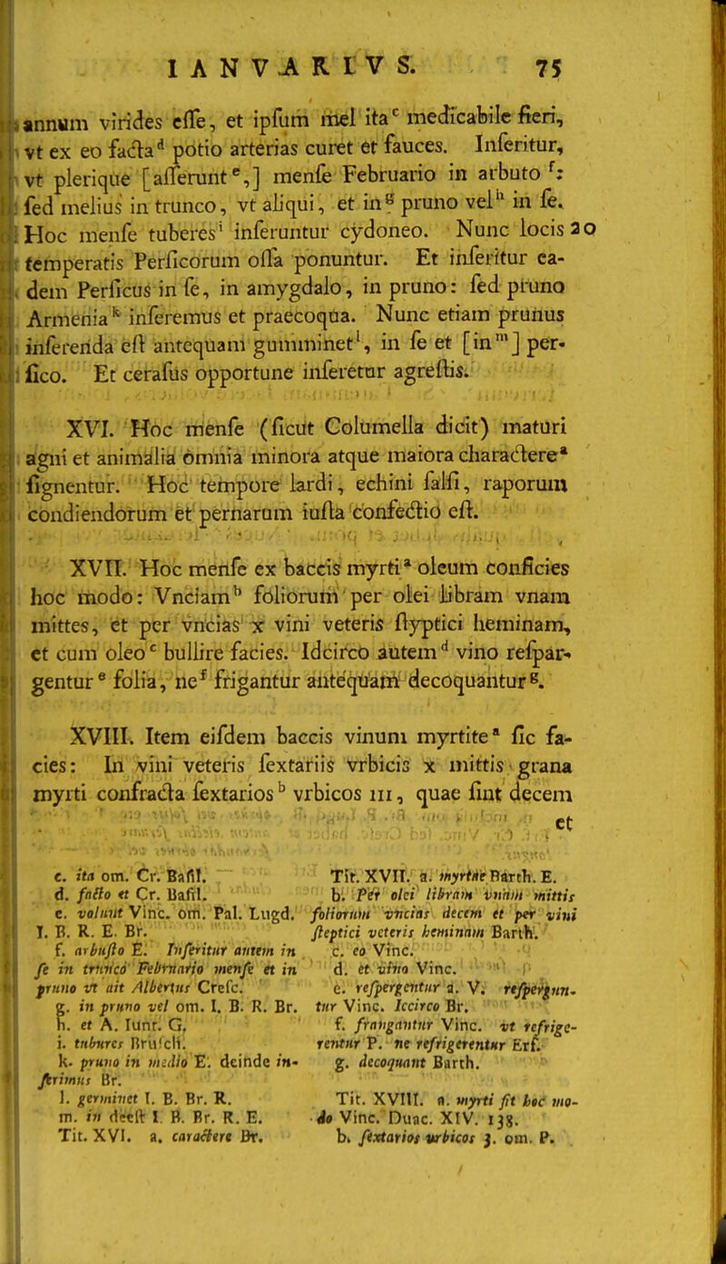 annum virides cfTe, et ipfum iiiel ita^ medTcabile fteri, vt ex eo fada'' potio arterias curet et fauces. Inferitur, vt plerique [alTerunt*,] menfe Februario in arbuto fed melius in trunco, vt aliqui, et in^ pruno vel'' in fe. Hoc menfe tuberes' inferuntur cydoneo. Nunc locisao temperatis Perficorum offa ponuntur. Et inferitur ca- dem Perficus in fe, in amygdalo, in pruno: fed pruno Armenia ^ inferemus et praecoqua. Nunc etiam pruiius infererida eft antequam gumminetS in fe et [in'] per- llco. Et cerafus opportune inferetnr agreftis. XVI. Hoc menfe (ficut Golumella dicit) maturi agiii et animalia omnia minora atque maiora charadere* fignentur. Hoci tempore^ lardi, echini faifi, raporum condiendorum et perriaram iafb coBfedio ett. XVn. Hoc menfe ex baccis myrti* olcum conficies hoc modo: Vncfam'' foliorum per olei Jiibram vnam mittes, fet ptr Vntias^ -x' vini veteris fiyptici heminam, ct cum oleo *^ bullire facies. Idcirco dutem'^ vino reipar-» gentur® foh'a, ne* frigantur anteqtiam' decoquantur^. XVIII. Item eifdem baccis vinum myrtite' fic £a- cies: In vini veteris fextariis vrbicis x mittis grana myrti confrada fextarios ^ vrbicos iii, quae fint decem ct e. ttn om. Cr. Bafil. T5t. XVII. a. >/i>rMf Bartli. E. d. fnlio « Cr. llaftl. b'. P^r olci Hbrnm utniH mittis c. volnnt yinc. OWi. Pal. Lugd.' /o/forttW vttcins dectm tt peir vini I. B. R. E. Br. ' ■ '' Jleptici vcttris heminam Barth'. f. arbufto hiferitur atttem in c. eo Vinc. ' ' \' -H fe in truikd FebntaHo menfe et in ' ' d. et viita Vinc' !• primo ift ait Albertns Cmk. ' '' ''■^. refperfientiir i. V. rtfpt^m- e. in prnno vel om. I. B. R. Br. ttir Vinc. Iccirco Br. ■ n. et A. lunr. G, f. fraitgantttr Vinc. vt tefrige- i. tnbHrct Brufcii. rentiir T. «e refrigerentnr Ext. k- pruvo in midlo B', deinde /m« g. decoqmnt Barth. Jiritnut Br. •''■ -'l •■! .'' ; • ''^ !'''• '~ • 1. geriiiivet I. B. Br. R. Tit. XVllt. «. myrti fit hte mo- m. in decft I B. Pr. R. E. do Vinc. Duac. XIV. ijg. Tit. XVI. a. caradert Br. b» ftxtarios vrbicos 3. om, P.