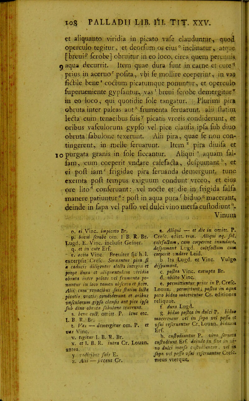 et aliquanto viridia in picato vafe clauduntyr, quod Operculo tegitur, et deorfjm os eius° inciinatur, atque [breui-f fcrobe] obruitur in eo loco, circa quem perenni», gaqua decurrit. Item quae dura funt in caine et cute prius in aceruo'' pofita, vbi fe mollire coeperint, in vas fidile bene' codum picatumque ponuntur, et opercuio fuperuenieiite gypfantu;., vas' breui lcrobe demergitur in eo ioco, qui quotidie fole tangatur. Piurimi pira obruta inter paleai aut '^ frumenta feruarunt. aiii {iatira lecfta cum tenacibus fuis^ picatis vrceis eondiderunt, et oribus vafculorum gypfo vei pice ciaufis ipfa fub diuo obruta fabuione texeruat. Aiii pira, quae fe non con- tingerent, in melle feruarunt. Item ^ pira diuifa et 10 purgata granis in fole ficcantiir. Aiiqui aquam fal- fam, cum coeperit vndare calefada, dclpumant'', et ei poft iam*^ frigidae pira feruanda demergunt. tunc exemta pofl; tempus exiguum condunt vrceo, et eius ore lito'* conferuant: vei node et die in frigida faifa manere patiuntur^: poft in aqua pura*^ biduo ^^maceraut, deinde in fapa vei paffo vei duici vino mcrfa cuftodiunt Vinuiii o. « Vinc. vupicato Br. p. biefei fcrobe om. T B. R. Br. lugd. E. Vinc. inclufit Gefnev. . q. H iv CHte Ei f. -'r. flcefo Vinc. Preuiter fic h. 1. excerpfit Crefc. Sefiiantm pira fi « caducis dili^e^iter electa integra et frope dnrn et uliqiifntulim viriMa obrnta intcr pnleas '■■•el frtiinenta po- vantiir iv bco tamen obfcm o et ficco. Alii cnm~ ievacibus fuis ftatim lecla . picntis vvceis foytdiderurtt et oribut vafctilqrum gipfo claufis atct pice ipfa fub dino obr:aa fibnlove texemnt, s. beve co(t. omitt P. Une etc. I, B R. Br. t. Vas —■ demergiiur om. P. et v*s Vinc. V. tegitur I. B, 1?.. Br. X. ct 1. B. R. intra Cr. Louan. antea.' y. radiribuT fuis E. z. A« —jiccm Cr. «. Aliqiu r— et die in omitt. P. CreQ:. editt. rves. Aliqui nq. fih calefaHatH , cum coeperint ivHTuiaret defpimant Lugd. calefaSam cum coeperit indare Leid. b Ita Lugd. et Vinc. Vulgo difpumant. c. poftea Vinc. exempta Br. d. oblito Vinc. e. fennittimtur friiis in P. Crefc Louan. permiftwtt; poftea i» aqun puro biduo macercntur Cr. editione» reliquae. f dura Lugd. g. biduo poftea iv tbtlci P. biiliio wacereuuir vel in fnpa vel pafo tt vfni refcruavtur Cr. Louan. biiluam Erf h. cuftodiuvtur P. vivo ferwti cuftodiunt Erf deinde in iivi iii .i- ■vo iuici inerfi c •fttJtHhinr, vel i» Japa vel pajfo vfw rejeruantur Crefc. tneus vicrque.