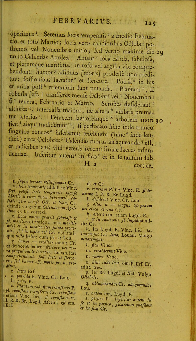 »'5 operimus \ Seremus JocJs temperatis a mefel^ebrua.. rio et toto Martio; locii- vero calidioribus 0(flobri po- fti-emo vcl Nouembris iaitio; fed verno maxime die 29 uouo Calendas Apriies. Amant loca calida, fabulofa, et pierumque maritima. in tofo vei argiiia vix compre- hendunt.^ iiumor>' affiduus [morisj prodeife non creii. ' tur: fo/lionibus iaetatur^ et /iercore. Putria^ in Ii|s et arida poil ^ triennium funt putanda. Plantam % fl robufla [efi,] tranfferes menfe Odobri vei'^ Nouembri: tenera, Februario et iVIartio. Scrobes defiderant ^ • altiores^ interuaiia maiora, neaitera»' vibbris prema- Uir aitenus'. Feracem iaetioremque. arborem mori 30 ^eri aiiqui tradiderunf, fi perforato Jiinc inde trunco' ilnguios cuneos» inferamus terebintiii (Iiinc° inde iea- tilci.) circa Oc^obres ^ Caiendas morus abiaqueanda eff et radicibus eius vini veteris recentilfimae faeces infun- dendae. Inferitur autem ^ in iico ^ et in fe tantum fdh. H a cortice. t ftifra terram rctinquamus Cr. _ V. locistemperatis-iddiiiGX Vinc. ?tri poteji locis temperatis menfe Mnrtio et circa finem Fehrnarii, ca- Mii vtro menfe 0(i. et Nov. Cr demde vulgacum CalendarumApri- liwn e\ IJr. correxi. X. Loca aiitem qnaerit fabuhfa et Jl. maritiina (antiqua mea mariti- »yj et m nieiliocriter folHta prone- nit, fed m topha xel Cr. vbi anti- ( qua txifio liabet cum pr.- et t.ou. y hMHor — creditnr omifit Cr etdeinccps habet: fiercore vel ter- ra ptvgut zalde hetatnr. Louan ita- eompyehenduiit. fujf. laet. et fierco'- « , fid humor ajj: moris pr. n. cre- z. laeta Erf. f a. pntrida E. Vinc. Cr. Lou. o. prins P. c. Plantim robnjlam tranjferes P f'-. «*«y^''« travfferasCr. robnfiam etiam Vmc bis. fi robufiam tr. :^B.R.Br. Lugd. Afcenf. efi ow. d. ef Cr. e. teneram P. Cr. Vinc. E. Ji U- neram I. B. R Br, Lugd. f. defide\at Vinc. (>r. Lou. altus — magna io pedum vel circa ne vna Cr. h. nltera om. etiam Lugd. E, I. et in radidbus fe impediat ad- dit Cr. , k. Ita Lugd. E. Vinc. bis. la- tioyemqitc Cr. /fj/o. Louan. Vulgo altioremqnt. 1. ficn Vinc. m. crediderunty\r\c. n. ramos Vinc. o. hinc indt lent. om. p, Erf. Cr. editt. tres. q. ablaqntandns Cx. aUaqueandas Lou. r. nutem om. Lugd. E. s. perfico P. inferitnr autem iu fe tt m perfico, fecundHm qncifdam « tn ficH Cr.