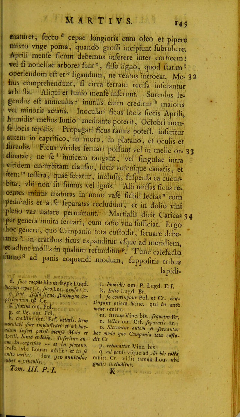 ftiaturet, fucco cepae longiorig cum oleo et pipere inixto vnge poma, quando grolfi incipiunc fubrubere. ^priii menfe ficum debenius inferere inter coiticemj Vdfi noueilae arboresfunt% fiifoiigno, quod ftatim ^ <)periendum eft et- iigandum, ne ventus mtroeat. Me- 33 4Kis' comprehendunt, fi circa ferram recifa inferantur Arbuf}a. Aliqni et Junio menfe inferunt. Surcuius le^' §tTiius efl annicuiusr inutiiis eiiim crediturmaioris ^i minoris aetatis. Jnocuiari ficus iocis ficcis Apriii^ Ifumidis' meiius lunio ^ mediante poterit, Odobri men- I fe iocis tepidis. Propagari ficus ramis potefi. inferituf >*utem in caprifico, in moro, in piatano, et ocuiis et ■ furcuiis. Ficus' virides feruari poillint vei in meiie or. 33 dinatae, ne fe ' inuicem tangatit, vei finguiae intra v.ndem cucurbitam claufae, iocis vnicuique cauatis et item^^teflera, quaefecatur, itidufis, fufpenfa ea clicur». bfta, vbr nbn fit fiimus vei ignts; Aiii miffas ficus re. cen^es mtos maturas in nouo vafe fidili iedas curii ped^cuiis et a .fe feparatas reciudunt, et in dbiii vini pieflo vas natare permittunt. Marfiaiis dicit Caricass4 per genera muJta feruari, cum ratio vna fufficiat. Frgo iioc genere, quo Campania tota cufiodjt, feruare debe- ' mus ^ ,in'crafibus ficus expanditur vfque ad meridiem, ct adhucmoilrs m quaium refunditupP. Tunc caiefaclro urnoi ad panis coquendi modum, fuppofitis tribus iapidi f./'^«i„.P„l:, Slf '^''''^ ■■ ''.'fi vfque ad vbi his »fta Tom. Ul, p,[^ .