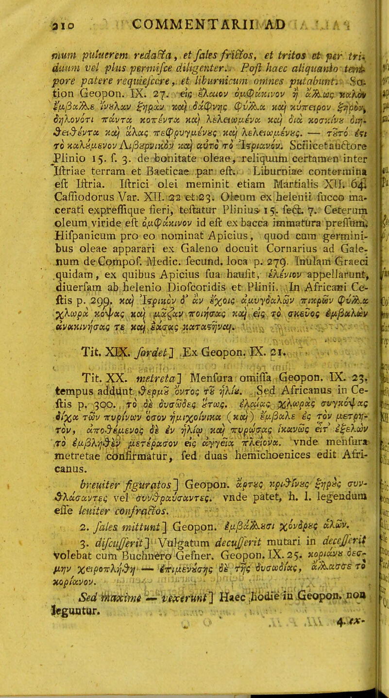 COMMENTABJI' AD (A-UA'i mum putuerem. rada&a, et fales fri&os, et tritos et per trii dmm vcl plus permifce ditigcnter:. P.ofl haec aliqtianio .teni^ pore patere reqiticfccse,. et liburnicum omnes putabtmty> i^of. .tion Geopon. IX. 27. . ai; sXcuov ojLci^uHivov tj cc^Lui; ««Afl» ^i'fjt,l3x'/^e YvsXiiv ^Tjpoiv %otj.'6x(^V7iQ ^v/iLx jtotj xvTreipov ^Tjpoy^ iTjkovort TToivrci xoTevrx Hd} XsKetoi},uevx ko/ 6ia, H0(7Ki'vii itrj. ^etd^evTx nctj xkuq ite^pvyfxivsti; Kctj XeXeioop.iv}si;. — tSto i>;i ro KxX^jj.svov AilinpviM.ov /to/ avro to 'lispiavov.. Scnicetauflore JPlinio 15. f. 3. de bonitate oleae, reliquutti certamt^n inter Iftriae terram et Baeticae par efti> Liburniae contermina eft Iftria. Iftrici olei meminit etiam Martialis XII. 64! Caffiodorus Var. XII. .22 etiGg. Qieum ex helenil fucco ma. cerati exprefllque fieri, teftatur Plinius-15;. feft. 7. Ceterum oleum viride eft ojxCfxKivov id eft ex bacca itnmatura prefTumi Hifpanicum pro eo nominat Apicius, quod cura germini- bus oleae apparari ex Galeno docuit Cornarius ad Gale- num de Compof. Medic. fecund. loca p. 27^. Tniulam Graeci .quidam, ex quibus Apicius fua haufit, ■tXsviov appellarunti, diuerfam ab helenio Diofcoridis et Plinii. In Africaai Ce- ftis p. 2gp,. Koij 'lipinov 6' xv sxok; d/u.vy6xXctiV Trmpiav ^v/Lx ^Xoopx Ko-^xi zcij jm^xv^Ttoi^axQ Koc^y.ej^^'^ aKevog i/ifixXiiev uvetHiv^axg T.e. ^ccj,soi(rxg ji«Tu?7jvccf. ■ Tit. X]^. fordetj Ex Geopon. IX. 21. ■ Tit. XX. metreta] Menfura omifta Geopon. IX. 25, tempus addUnt .*5^fp^S oWo$ t% j/A/a. _.:Sed Africanus in Ce- ftis p. 300. , ; T0 (Ji iyffWfJeg .^'twc iXpuxQ xXoopxi; crvyxoyj. xg ■.ii'xot tSv Ttvpivtov ciTov i^fitxoiviK» (xoc/) siM^xXe ig rov fxerpn' rov, xTro-d'ifi.evos 6s iv rjXia Kotj vvputyxg iKxvSog etr i^sXav .TO i/x^X7j>^i^y' fisripxarov dyyiix TrX&ovx. vnde menfura^ metretae cdnfirmatur, fed duas hemichoenices edit Afri- canus. breuiter ;^gitr0tos'] Geopon. xprag Kpid-fvsg^yjp^g cvV' 3-XciCxvTsg vel (tvVd^pot.mxvrsg.' vnde patet, h. 1. legeadum efle leuiier confraF^os. 2. fales mittunt^ Geoppn. ijnjBxAmri %o'v(J^i;tf xXiHv. 3. Vulgatum decujjerit mutari in deccjjcr^ Volebat cum Buchn^ro Gefner. Geopon. IX. 25. «op/av» (Jeo-- firjv x^'P07tX)j^)f^^ ^iintliEiiaTjg 'Sk. fTjg'6v(7w6f'«g, «Axatre ro leguntur. ■  •