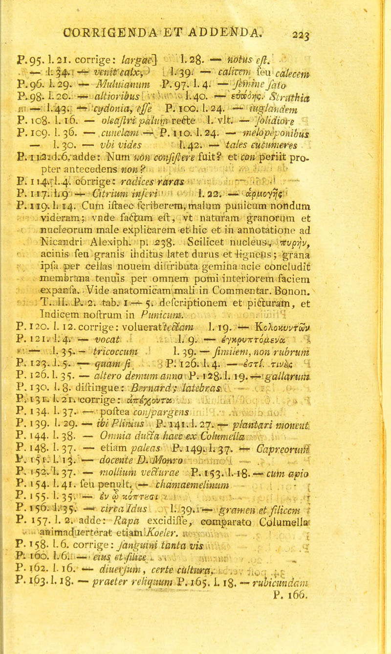 P. 95.1.21. corrige: targGtc] 1. sg. — noius ejl. . : ;I:^4.T-^ vmit'ca{x<y^ l l.*'39i' —'' calimn im cakcem P.96. 1.29. Mulniamim 97.1.4.' --^ JemineJato P..98.1.20.: • . ■ altioribus I. V< V.vn '.«i J. 40. '«0»%.' Strifthia «(•~;1.4gq '¥ti-cydonia, ^Jfe iPYiQOi l. 2-4'. '-^''tuglandem P. 108. 1.16. — oleajlri pkhnn re^e l. vlt' ^ Jhlidiore ' P. IC9. 1.36. —~ P. 110. 1.24. — melopeponibus — 1.30. — vbivides I. 42. — tal&s euCimieres E. I ii32d.6;adde: Num wo» confifiere fuit? et co» periit pro- pfcer antecedens KO'»? • . ■ Qoxnge'. raclicesrmiltS ' . —■ P. I:t.7i;ti9'i-+- Citrium ittjeri''''<fi mih-h3!3i-':i^ciKp_uo7^5 ' P. ii^. L 14. Cum Iftaec fcriberem, tnaluiTi puiiicutn nondum. videram; vnde faftum eft, vt naturam granorum et nucieorum male explicarem ethic et in annotatione ad Nicandri Alexiph, ■ pl .isgS. •Scilicet nLicleu9.-,Tyf';v, acinis feu granis ihditus latet durus et-Hgneus; grana r ipfa per cellas nouem diftribata gemina acie concludit membrfma tenuis per omnem pomi interiorem faciem expanfa. Vide anatomicam.mali in Commentar. Bonon. :T.. II. .B. 2. tab. I5. defcr.iptionem et pifturain, et Tndicem noftrum in Punicum. ■ < . ' -■^^ P. 120. 1.12. corrige: voluerat 1.19. ■r- KoXoJtwttui/ P. I2ii''l;'4r-—• vocat .1.9. —- dyHpvTrtofievoi ' ''i^ r-. :1. 3.5^.— tricoccum . 1. 39. — fimilem, non rubrunt P. 123. quam fi^ . '< P; 'i26.1; 4. —-iarl. .tivsc 4 P. 126.1. 35. — altero demum anno- F. 12^.1' i9.-r^'gal!arum P. 130. 1.8- diftingue: Bernard; latebras. j P.-13E, L^r.^corrige: a7r/p(joi/r« . , - u i P. 134. 1. 37.- ^ • poftea co}ijpargens.\'.\]\H:^. .:. P. 139. I. 29. — ibi Plimis 27. plantari monettt P. 144. 1.38. — Omnia dii&a .haec.ex Columeila. , P. 148. 1.37. — etmm paleas' P. i49i..ii 37. CapreomM. xif^l:'\^.'->~— docmte D.Wonroin^hi^ta^^^ — . l^. A P. 152,1.37. — mollium ve&urae ■ P. i'53. J.-r8. — cum apio P. 154.1.41. feu penuit.• chamaemeliniwi ' i P. 155. 1.35 .^— iv d) HQTrTHCSl ^'l A '• .u. ■ • P. 156. J.-^35.:^ —«■ circaldus'. J^lV.^^^^ivy^-gramen Rtfiliccm- i P. 157. J. 2; adde: Rapa excidilTe, eomparato Columella-' .aaimaduerterat etiamiJtb^'/^'»-. vv : ^ P. 158- l- 6. corrige: Jdnguini tanta vis « -r 160. l:6'.i ---'eius^ etfiliGe.M ^-i iZ . . ' mmw P. 162. 1.16. -i- diimjuik, certe ctdt%imf.i.c\y, •.,^..•1 .•,,-. P. 1,63.1.18. praeter reliqimm V. 165.1. \%. — ruUmndam