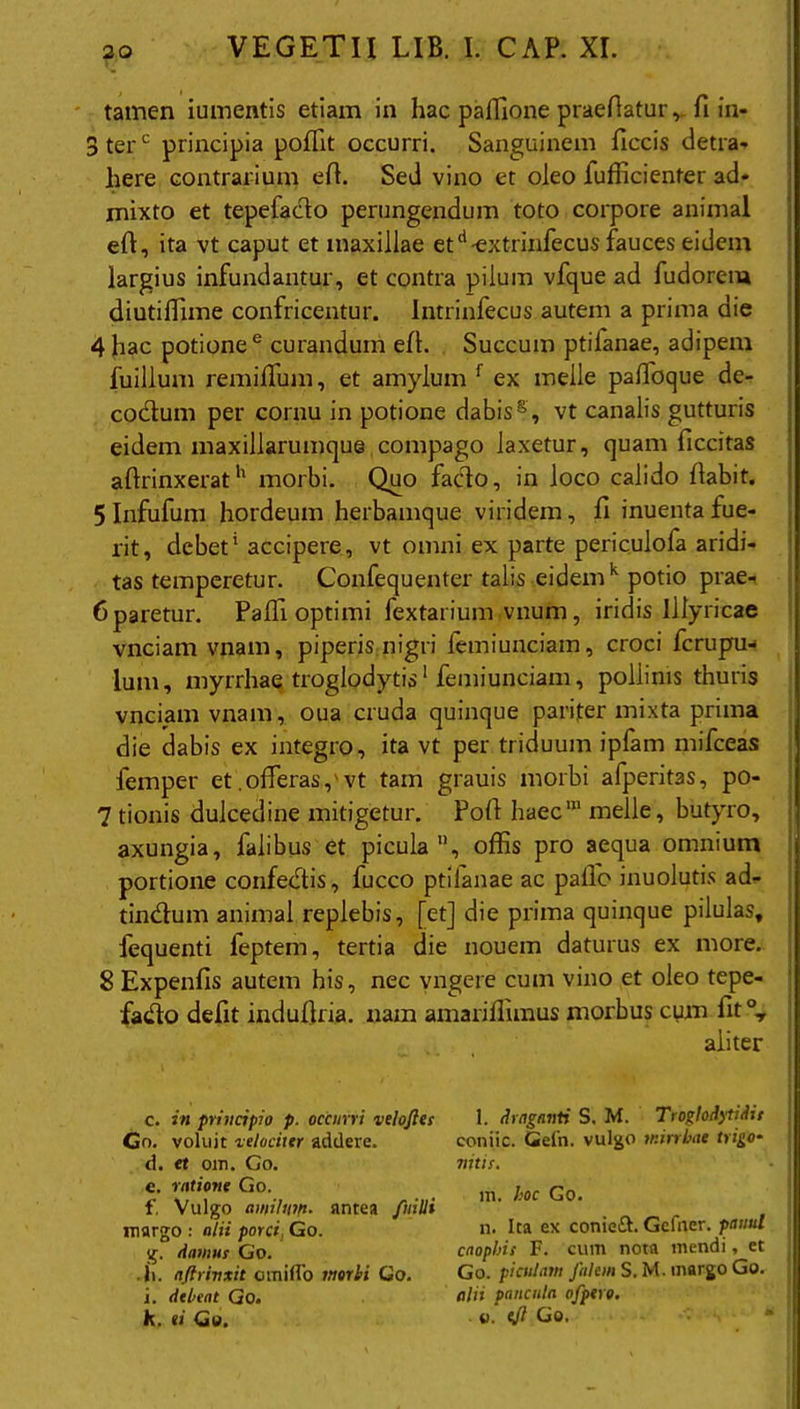 tamen iumentis etiam in hac paffione praefiatur,. fi in- 3terc principia poflit occurri. Sanguinem ficcis detra- here contrarium efi. Sed vino et oleo fufficienter ad* mixto et tepefacio perungendum toto corpore animal efi, ita vt caput et maxillae etd-extrinfecus fauces eidem largius infundantur, et contra pilum vfque ad fudorem diutifiime confricentur. Intrinfecus autem a prima die 4 hac potione e curandum efi. Succum ptilanae, adipem fuillum remiffum, et amylum f ex meile paffoque de- codum per cornu in potione dabis8, vt canalis gutturis eidem maxillarumque compago laxetur, quam ficcitas afirinxerat'1 morbi. Quo facio, in loco calido fiabit. 5 Infufum hordeum herbamque viridem, fi inuenta fue- rit, debet' accipere, vt omni ex parte periculofa aridi- tas temperetur. Confequenter talis eidem k potio prae- 6 paretur. Paffi optimi fextarium vnum, iridis Illyricae vnciamvnam, piperis nigri femiunciam, croci fcrupu- lum, myrrhae troglodytis1 femiunciam, pollinis thuris vnciam vnam, oua cruda quinque pariter mixta prima die dabis ex integro, ita vt per triduum ipfam xnifceas femper et .offeras,'vt tam grauis morbi afperitas, po- 7 tionis dulcedine mitigetur. Pofi haec1 meile, butyro, axungia, falibus et picula, offis pro aequa omnium portione confedis, fucco ptilanae ac pallo inuolutis ad- tindum animal replebis, [et] die prima quinque pilulas, fequenti feptem, tertia die nouem daturus ex more. 8 Expenfis autem his, nec vngere cum vino et oleo tepe- fado defit indufiria. nam amariffimus morbus cum fit °T aliter c. in principio p. occurri velofies Go. voluit velociter addere. d. et om. Go. c. ratione Go. f. Vulgo amilutn. antea ftiilli margo : alii porci, Go. g. damus Go. .I), afirinxit ciniflo morbi Go. i. debeat Go. k. ei Go. l. draganti S. M. Troglodytidit coniic. Gefn. vulgo tnirrbae trigo- nitis. m. hoc Go. n. Ita ex conieft. Gcfner. pauul cnopbis F. cum nota mendi, et Go. piculam falem S. M. mango Go. alii paucula ofpero. 4). cjl Go.