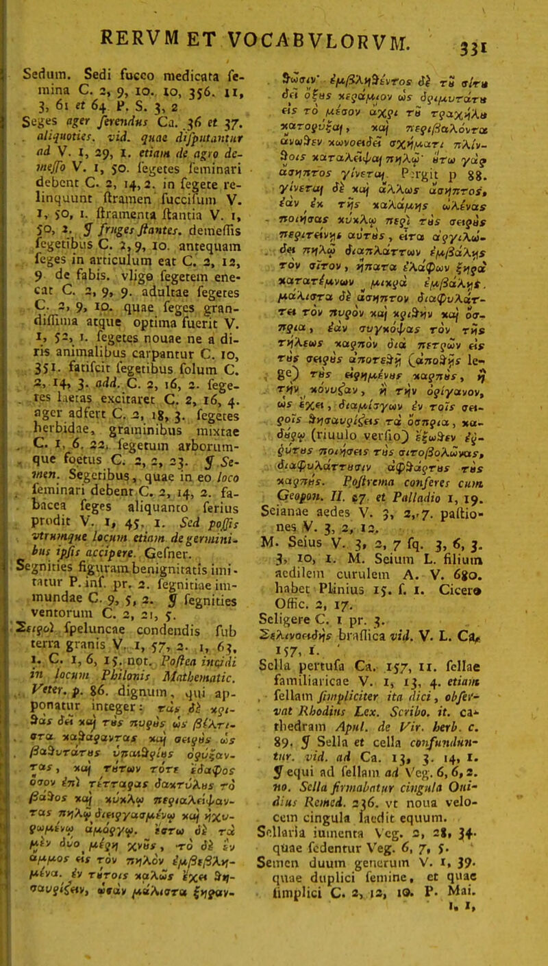 Sedum. Sedi fucco medicata fe- mina C. e, 9, io. io, 3J6. ii, 3, 6i et 64 P. S. 3, 2 Seges ager ferendus Ca. 36 et 37. aliquoties, vid. quae difp utantur ad V. I, 29, I. etiam de agro de- mejfo V. 1, 50. fegetes feminari debent C. 2, 14,2. in fegete re- linquunt ftramen fuccifum V. J> SO, 1. ftramenta Itanda V. 1, 5°> *■ y fruges flantes, demeffis fegedbus C. 2,9, 10. antequam feges in articulum eat C. 2, 12, 9 de fabis, vlige fegetem ene- cat C. 2, 9, 9. adultae fegetes C. 2, 9, 10. quae feges gran- dilfima atque optima fuerit V. '• ^getes nouae ne a di- ris animalibus carpantur C. 10, 351- fatifeit tegetibus folum C. 2, 14» 3* add. C. 2, 16, 2. fege- . tes laetas excitaret C. 2, 16, 4. ager adfert C,.st, 18,3. fegetes herbidae, graminibus mixtae . C. I, 6. 22. fegetum arborum- . que foetus C. 2,2,23. Se- vten. Segetibus, quae in eo loco . feminari debent C. 2, 14, 2. fa- bacca feges aliquanco ferius prodit V. 1, 45. 1. Sed poffis vtTHfkque locum ptiam.de germini. ibus ipfls accipere. Gefner. Segnities figuram benignitatis imi- tatur P. inf. pr. 2. fegnidae im- mundae C. 9, 5, 2. 5 fegnides ventorum C. 2, 21, $. 'S.fiqol fpeluncae condendis fub terra granis V. 1, 57, 2. 1, 63, 1. C. 1, 6, 15. not. Poftea incidi in locum Philonis Matbematic. Veter, p. ^6. dignum, qui ap- ponatur integer: rds ii «9,- iei xaj rus nugus us (3P\rt- . ara xajhxjavraf aetgos dis t . I3u$vrdrus vncuSqlus 6gu$av- [ ™s, xuj tutuv rort iiatfios orov M rtrragas iaxrdius ro flditos xa/ xdxAw Trff/aAfitfay- ras ntjXy iietgyuo/tivui xu) >?Xu- gujxivu dfxdgy^. ioru ii ree ^tty iuo* fxigt) xrus , -ro ii iv aPP°s fir rov 7i>)Adv ipti.r/3A>?- f*lva. iv Turois xaAwy tx« - vavqlfav, wrdv /xdXioT» &woiv tfxfiXyiitvros ii ru oItu ici o£os xegdpiov us igt/xiiraTH eis to jxioov dx$>< ru t?ax>)Att xuTogvi-ai, xa/ negtftuXovTat avuiUcv xwvo«cT« oxypetrt nXlv- Sots xaraAotifaj 7i>jAy' utu ydg djyjnTos ylvsroi Ptrgit p 88. ytvera/ ii xuj uXXois dovlnTos, ictv ^ £v. rijs xaAa/xvfs uXivtxs Tsoiviaus xvxXu) mqi rus tseigus rsegireiv^s aortis , eira dgytXu- . J« 7s*f\u isatnXdrruv i/a,/3dXt\s rov ijitov , ijnara iXd<J)uv %vjga' xararifAvuv /xixgd iy,(3dXys. f*uXt<xra ii uatfrsrov ittxif/vXdr- th rov 7tvgov xaj xgt^nv xuj otr- rsgia., iav onyxoipas rov riis tsjXcus xagnov itd ittrgdv eis rus oeigus dnoTsdifl Qdnoiiys le- ge) rus eigriftsvuf xagnus, tj rv\v xovojdv, » tvjv ogiytxvov, ws «x« > iictfxloywv iv tois oet- gois hv]<s<xvgigeis t d dongia, xa- idgu (riuulo verfio) £|u>^rv gurus 7soiy)<jeis rus aiTofioXuvas, tf:a(puAa'rr«aiv dipSagrus tus xagTsus. Poflrema conferes cum. (jeopon. II. ty. et Palladio 1, 19. Scianae aedes V. 3, 2,.7. paltio- nes V. 3, 2, 13, M. Seius V. 3, 2, 7 fq. 3, 6, 3. 3> 10, i. M. Seiutn L. filium aedilem curulem A. V. 6go. habet Plinius 15. f. 1. Cicer® Offic. 2, 17. Seligere C. 1 pr. 3. 2«A<vofMbjs brafiica vid. V. L. Ca, 157. 1- '• Sella pertufa Ca. 157, 11. fellae familiaricae V. i, 13, 4. etiam feliam flmpliciter ita dici, obfer- vat Rhodius Lex. Scribo, it. ca* rhedrain Apul. de Vir. herb. c. 89. y Sella et cella confundun- tur. vid. ad Ca. 13, 3. 14, 1. y equi nd feliam ad Veg. 6,6,2. no. Sella firmabatur cingula Oni- dius Reittcd. 236. vt noua velo- cem cingula laedit equum. Sellaria iumenta Vcg. 2, 28, 34. quae fodentur Veg. 6, 7, J. ‘ Semen duum generum V. 1, 39- quae duplici femine, et quae limplici C. 2, 12, io» P- Mai.