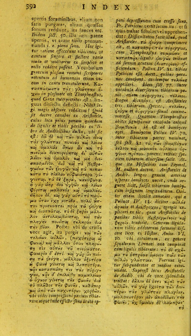 apertis foraminibus, alium non faris purgatae, alium qualfae fonum reddunt, ita lauces etc. Ibidem feli. 50. illa iam paene apertis, vt aiunt tibiis pronun- tianda i. e. pleno fimo. Hac igi- tur ratione effecerunt tibicines, vt cantum (ingere et fieltere vario modo et molliorem ex (ijnp/ice et recto reddere poffent. Vocabulum grnecum plafma romdni fcriptores retentum ad humanant etiam vo- cem in cantu transtulerunt. Ka- Tctondc/utctra tus yXiir-rrts c- 3C«v in plnfmate'ait Theophrajtus, quod Gaza interpretatus efi;. lin- guas disieftu deflefli: Nihil le- gi magis obfcure redditum! Quid Jit docere conabor ex Arijiotele, cuius loca prhls ponant quaedam de ligulis ct tibiis .paribus ex ‘li- bro de Audibilibus ducta , vbi fic ejt: dei it xaj raiv atiAcov «vaj ras yXdrras 7tvxvds xu/ Xeices xaj 1 opcaXds onus «v xaj rd . nvevpia tStanogeviiTaj St' avtuv Xetov xaj oy.uXov xaj ptij Stc- eitaapcimv. Sto na) rd fiefige- yfA.iru rwv ffsuywv xaj rd nenoi- %otoi to (TiaXov su(pc»woT3$>a y/- yrsTuj, tu Si fngd, xaxotpuru. o yag dyjg Sta vygtUv xaj A«wv (piqfTaj yaXaxos xaj opiuXos. SijXov St. xa/ yag' ctvTo to toj^v- fxa utav fXit vortSu, tioXv 'y\r- rov 7tqoaxo7iTtt nqos rd ffsvyn xaj StaoTtaraj. rd Si ptdX- Xov dvrtXa/u/ddveTcti, xaj rifv TtXnynv notetTcq axXngdv Std rjjv filav. Pollea vbi de cralTa voce agit, ira pergit: xaj rwv TtXetoiv avXuv, (/ruxorequ/ uj tpuviij) xaj pidXXov otclv -nXnqu- gy t)s aiirns tu nvcvpiuros. (pctvsqdv S‘ drrl. xaj ydg dr-nii- oy rd itvybj, pidXXov oljuriga r <puvff yhsrcq xaj XsuTorigu. xctv xaracrTsdotf tis tus ai/giy- yas, xav S' iniXdfiy jtapinXtiwv 6 byxos ytviToj Tv\s tpuvirs Std To srXijSos rijs <f>wviis , xaUctncg xaj ano Twv nerxvrlguiy xo<?dwv. vbi vides cotitprijffiohiparium tibia- rum atque inlle ijjello Jbho acuto op- poni depvcjfionem cum crajfo fono. Fr. Patricius vertit locum ita : et 6 quis trahat fiflulas Vel apprehen- dat : Difficultatem facit illud, quod Arijloteles rd gtiryn comprimere ait, et y.arccsnf' rds avgiyyus, cttttt Theophrajtus ovfxpcxieiv et xuTctanav ligulis fftvywv tribuat ad fonum acutum (StuTogtar) ef- ficiendum. Pollux IV, 81. tibias Pythicas ejje docet, quibus poea- nas canebant. easilemque rtkdus appellari. Idem feli. 77. inter vocabula diuerfarum tibiarum po- nit etiam ovgiyyts, rtXetot. Itaque dicendus efi Arijloteles tres tibiarum fpectes, tcXAbs, ffivyn et dvgtyyus Jiinul comme- ntor a fie. Chiartam Theophrafius obiter Jignificauit vocabulo calami (3oy(ivxlu id efi ad bombyces apti. Bombycem Pollux IV. 70. inter tibiarum partes nominat, fed feci. 82. rd rwv (ioy.fivxioo 'tvUeov xaj /uawxov CtvXy/xa oq- yiots Ttqtnov. ponens., reltius fpe- ciem tibiarum diuerfam facit. At- que ita Hefychins cum Etymcl. M. auctore docent. Arifiottles de Audib. longas gruunt arteriae afperas bombyces vocat, vnde ar- guere licet, fuifie tibiarum bomby- cum infignem longitudinem. Obi- ter etiam licebit annotare, qui a Polluce IV l$. dicitur avXos aqxtos Ct Stdfigoxos, egregie ex- plicari ex iis , quae Arijloteles de paribus tibiis (3i(3qeyfctrots xaj grigots tradidit. Ceteram ligula- rum tibiis additarum formam dif- cere licet ex Hiftor. Anim VI. io vbi catulorum, ex genere fjualorum Linnaei ona comparat eunt ligulis tibiarum: ro Si oxn- pta ru oarqaxts optoior tuis tuv ai/AiUv yXurrais. Fuerunt igi- tur fubqnadratae et mediae extic- midae. Super e fi locus Arifiotells de Audib. vbi de voce fplendida tractat: SnXov Si Soti xqn) ru>v 'adAwv. rd ydq r^otra roTv Sev- rigeov rds yXuTras nXctylus, ptaXavoiTegciv peiv drtoSiSuoi rijv <P<ovtjv , ux bftoiies Si -XaU ugdv’ rd