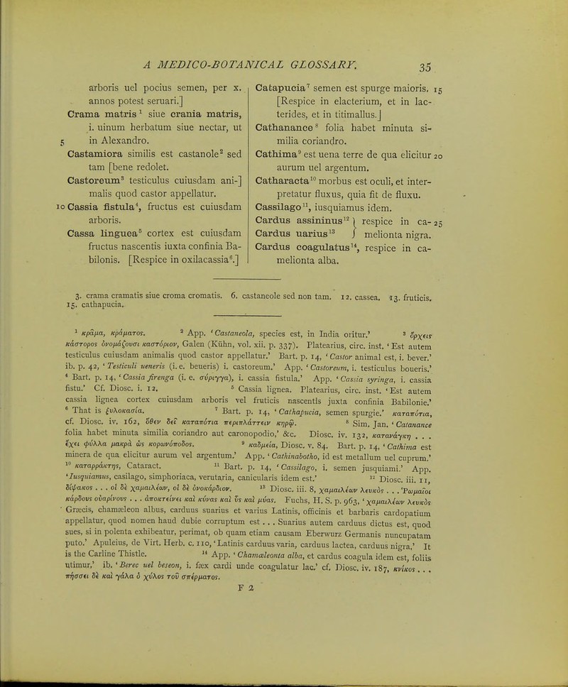 aTboris uel pocius semen, per x. annos potest seruari.] Crama matris ^ siue crania matris, i. uinum herbatum siue nectar, ut q in Alexandro, Castamiora similis est castanole^ sed tam [bene redolet. Castoreu.m^ testiculus cuiusdam ani-] malis quod castor appellatur. loCassia fistula'', fructus est cuiusdam arboris. Cassa linguea^ cortex est cuiusdam fructus nascentis iuxta confinia Ba- bilonis. [Respice in oxilacassia^] Catapucia'' semen est spurge maioris. i [Respice in elacterium, et in lac- terides, et in titimallus.J Cathanance^ folia habet minuta si- milia coriandro. Cathima est uena terre de qua elicitur 2. aurum uel argentum. Catharacta^ morbus est oculi, et inter- pretatur fluxus, quia fit de fluxu. Cassilago, iusquiamus idem. Cardus assininus^^) respice in ca- 2 Cardus uarius^^ / melionta nigra. Cardus coagulatus'*, respice in ca- melionta alba. 3. crama cramatis siue croma cromatis. 6. castaneole sed non tam. 12. cassea. 13. fruticis. 15. cathapucia. 1 Kpaiia, Kpaiiaros.  App, ' Castaneola, species est, in India oritur,' ' opxtis Kaaropos dvofia^ovai KaaTopiov, Galen (Kuhn, vol. xii. p. 337), Platearius, circ, inst, ' Est autem testiculus cuiusdam animalis quod castor appellatur,' Bart, p, 14, ' Castor animal est, i. bever,' ib, p, 42, ' Tesliculi veneris (i. e, beueris) i. castoreum.' App. ' Castoreiim, i, testiculus boueris.' * Bart. p. 14, ' Cassia firenga (i, e, avpiyya), i, cassia fistula.' App. ' Cassia syringa, i. cassia fistu. Cf. Diosc. i, 12. 6 Cassia lignea, Platearius, circ, inst, ' Est autem cassia lignea cortex cuiusdam arboris vel frwticis nascentis juxta confinia Babilonie.' « That is ^vXoKaaia. ' Bart. p. 14, ' Cathapucia, semen spurgie.' KaTanoria, cf. Diosc. iv. 162, o6ev StT Kararr6Tia irepnTKaTTetv KrjpZ. « Sim, Jan. ' Ca/a«ance folia habet minuta similia coriandro aut caronopodio,' &c. Diosc. iv. 132, KaravdyKT] . €X« ^uAAa fiaicp^ as KopavS-noSos. » Kadnela, Diosc. v. 84. Bart. p. 14, < Cathima est minera de qua elicitur aurum vel argentum.' App. ' Cathinahotho, id est metallum uel cuprum,' 1» KaTapp&KTTjs, Cataract,  Bart, p, 14, ' Cassilago, i. semen jusquiami.' App. 'Ivsquiamus, casilago, simphoriaca, verutaria, canicularis idem est.' dJosc. iii. 11 SixpaKos ...olU xa>iai\6W, oi h\ dvoK&pSiov.  Diosc, iii. 8, xap-aiXioiv XevKds . . . •Pw/iaroi KapSovs ovapivovs . . . anoKTeivei Kal Kivas Kal vs Kal piiias. Fuchs, H. S. p. 963, ' xafiat^ewv XevKds ■ GrEEcis, chamfeleon albus, carduus suarius et varius Latinis, officinis et barbaris cardopatium appellatur, quod nomen haud dubie corruptum est. . . Suarius autem carduus dictus est, quod sues, si in polenta exhibeatur, perimat, ob quam etiam causam Eberwurz Germanis nuncupatam puto.' Apuleius, de Virt. Herb. c. 110,' Latinis carduus varia, carduus lactea, carduus nigra.' It is the Cariine Thistle.  App. ' Chamaleonta alba, et cardus coagula idem est. foliis Utimur.' ib. ' Berec uel beseon, i. fsex cardi unde coagiilatur lac' cf. Diosc. iv. 187, kvikos TTiaati S\ KoX y&\a 6 x<5A.os tov cirtpixaTos. ¥2