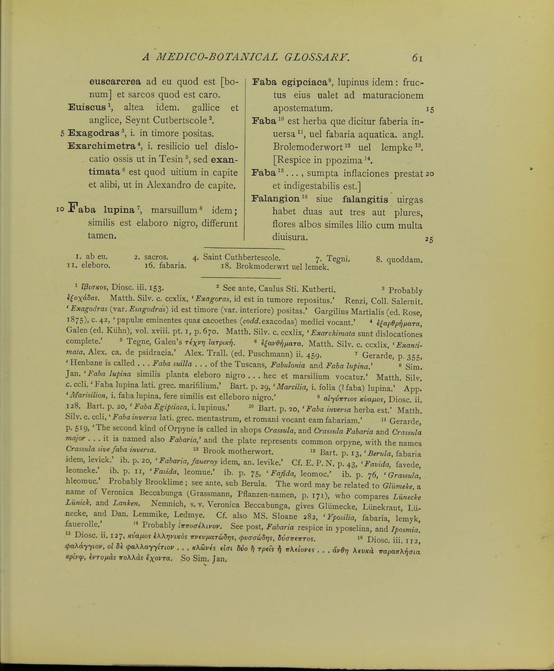 euscarerea ad eu quod est [bo- num] et sarcos quod est caro. Euiscus^ altea idem. gallice et anglice, Seynt Cutbertscole ^ 5 Exagodras ^ i. in timore positas. Exarchimetra *, i. resilicio uel dislo- catio ossis ut in Tesin sed exan- timata * est quod uitium in capite et alibi, ut in Alexandro de capite. 10 Faba lupinamarsuillum ^ idem; similis est elaboro nigro, differunt tamen. Faba egipciaca', lupinus idem: fruc- tus eius ualet ad maturacionem apostematum, 15 Eaba  est herba que dicitur faberia in- uersa uel fabaria aquatica, angl. Brolemoderwort uel lempke [Respice in ppozima ^*. Faba^^. .. , sumpta inflaciones prestat 20 et indigestabilis est.] Falangion siue falangitis uirgas habet duas aut tres aut plures, flores albos similes lilio cum multa diuisura, 25 I. ab eu. 2, sacros. 4. Saint Cuthbertescole. 7. Tegni, 8, quoddi II. eleboro. 16, fabaria. 18. Brokmoderwrt uellemek. 1 i&WKos, Diosc. iii. 153. 2 see ante, Caulus Sti. Kutberti. s Probably tfoxaSay. Matth. Silv. c. ccxlix, ' Exagoras, id est in tumore repositus.' Renzi, Coll. Salernit, ' Exagodras (var. Esagodras) id est timore (var. interiore) positas.' Gargilius Martialis (ed. Rose, 1875), c. 42, ' papulee eminentes quas cacoethes (corfrf.exacodas) medici vocant.' * i^apepiinaTa, Galen (ed. Kiihn), vol. xviii. pt. i, p. 670. Matth. Silv. c. ccxlix, • Exarchimata sunt dislocationes complete.' ^ Tegne, Galen's t^x»? larpm-f,. « i^ave^^ara. Matth. Silv. c. ccxlix, ' Exanli- viata, Alex. ca. de psidracia.' Alex. Trall. (ed. Puschmann) ii. 459. ? Qerarde, p. 355, ' Henbane is called . . . Faba suilla . . , of the Tuscans, Fabulonia and Faba lupina.' ' « Sim! Jan. 'Faba lupina similis planta eleboro nigro . . . hec et marsilium vocatur.' Matth, Silv. c. ccli,' Faba lupina lati. grec. marifilium.' Bart. p. 29, 'Marcilia, i. folia (? faba) lupina.' ' App! 'Marisilion, i. faba lupina, fere similis est elleboro nigro.' ^ aiy^irrws Kvaixos, Diosc. ii. 128, Bart, p. 20, 'Faba Egiptiaca, i. lupinus.'  Bart. p, 20, ' Faba inversa herba est.' Matth, Silv. c. ccli,' Faba inversa lati. grec. mentastrum, et romani vocant eam fabariam.' » Gerarde, p. 519, 'The second kind ofOrpyne is called in shops Crassula, and Crass,da Fabaria and Crassula major . . . it is named also Fabaria,' and the plate represents common orpyne, with the names Crassula sive faba inversa.  Brook motherwort.  ^art. p. 13. 'Berula, fabaria idem, levick.' ib. p. 20, ' Fabaria, faueroy idem, an. levike.' Cf. E. P.N, p. 43, 'Favida favede leomeke.' ib. p. 11, 'Fasida, leomue.' ib. p. 75, ' Fajida, leomoc' ib. p. 76, 'Grassula', hleomuc' Probably Brooklime ; see ante, sub Berula. The word may be related to Gliimeke a name of Veronica Beccabunga (Grassmann, Pflanzen-namen, p. 171), who compares Liinecke Lumck, and Lanken. Nemnich, s. v. Veronica Beccabunga, gives Gliimecke, Liinekraut Lii- necke, and Dan. Lemmike, Ledmyc Cf. also MS. Sloane 282, ' Vposilia, fabaria, lemyk, fauerolle.'  Probably 'iTTTroaiXivoy. See post, Fabaria respice in yposelina, and Iposmia'. » Diosc ii, 127, leiafios iWriviicds ■nvtvimriii^s, ({,vaa6:Sr)s, StianenTos. le Diosc iii 112' <pa\dyywv, ol di cpaXXayyirwv . . . KKwvis da, Uo rpus ^ n\,iov,s . . . aVS, napan\^ma Kpivip, ivTonois TToWds ixovTa. So Sim. Jan,
