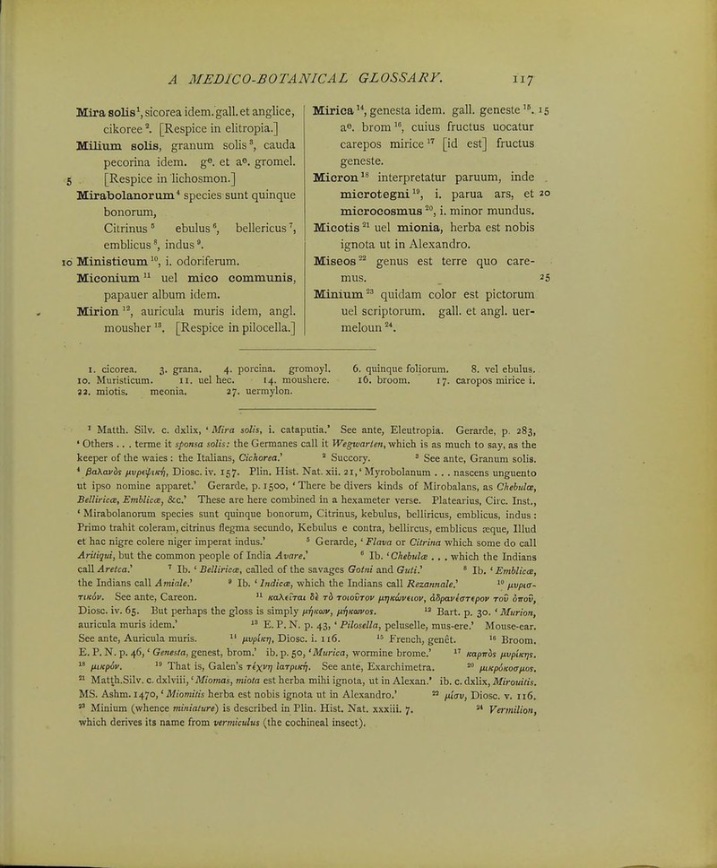 Mira solis^ sicorea idem. gall. et anglice, cikoree l [Respice in elitropia.] Miliuin solis, granum solis', cauda pecorina idem. ge. et a^. gromel. • 5 [Respice in lichosmon.] Mirabolanorum* species sunt quinque bonorum, Citrinus ° ebulus bellericus emblicus^, indus^ id Ministieum i. odoriferum. Miconium uel mico communis, papauer album idem. Mirion '^, auricula muris idem, angl. mousher [Respice in pilocella.] Mirica genesta idem. gall. geneste'^ 15 brom ^*', cuius fructus uocatur carepos mirice ^'^ [id est] fructus geneste. Micron interpretatur paruum, inde . microtegni, i. parua ars, et 20 mierocosmus i. minor mundus. Mieotis uel mionia, herba est nobis ignota ut in Alexandro. Miseos^^ genus est terre quo care- mus. Minium'^^ quidam color est pictoru uel scriptorum. gall. et angl. ue meloun ^*. 25 im uer- I. cicorea. 3. grana. 4. porcina. gromoyl. 6. quinque foliorum. 8. vel ebulus. 10. Muristicum. ii. uel hec. 14. moushere. 16. broom. 17. caropos mirice i. 22. miotis. meonia. 27. uermylon. * Matth. Silv. c. dxlix, ' Mira solis, i. cataputia.' See ante, Eleutropia. Gerarde, p. 283, ' Others .. . terme it sponsa solis: the Germanes call it Wegwarien, ■wh.ich is as much to say, as the keeper of the waies : the Italians, Cichorea.^ * Succory. ' See ante, Granum solis. * /3a\avos fivpeifnKii, Diosc. iv. 157. Plin. Hist. Nat. xii. 21,' Myrobolanum . . . nascens unguento ut ipso nomine apparet.' Gerarde, p. 1500, ' There be divers kinds of Mirobalans, as Chebulas, Bellirica, Emhlicce, Scc.'' These are here combined in a hexameter verse. Platearius, Circ. Inst., ' Mirabolanorum species sunt quinque bonorum, Citrinus, kebulus, belliricus, emblicus, indus: Primo trahit coleram, citrinus flegma secundo, Kebuhis e contra, bellircus, emblicus seque, IUud et hac nigre colere niger imperat indus.' ° Gerarde, ' Flava or Citrina which some do call Aridqui, but the common people of India Avare^  Ib. ^Chehulce . . . which the Indians call Aretca^ ' Ib. ' Belliricce, called of the savages Gotni and Guti^ * Ib. ' Emhlicae, the Indians call Amiale^  Ib. ' Indicce, which the Indians call Rezannale.^ /xvptff- TiKov. See ante, Careon. KaKeiTai t6 rotovTov nTjKttiveiov, dSpaveCTepov tov ottov, Diosc. iv. 65. But perhaps the gloss is simply pf^Koiv, jxtikouvos.  Bart. p. 30. ' Murion, auricula muris idem.'  E. P. N. p. 43, ' Pilosella, peluselle, mus-ere.' Mouse-ear. See ante, Auricula muris.  ptvpiKT], Diosc. i. 116. French, genet. Broom. E. P. N. p. 46,' Genesla, genest, brom.' ib. p. 50, 'Murica, wormine brome.' Kapiros nvpiKtjs.  fitKpov.  That is, Galen's Texvr] laTpiKTj. See ante, Exarchimetra. ° fUKpoKOff/xos. Matth.Silv. c. dxlviii, 'Miomas, miota est herba mihi ignota, ut in Alexan.' ib. c. dxlix, Mirouitis. MS. Ashm. 1470,' Miomitis herba est nobis ignota ut in Alexandro.' fiiav, Diosc. v. 116. Minium (whence miniature) is described in Plin. Hist. Nat. xxxiii. 7. Vermilion, which derives its name from vermiculus (the cochineal insect).