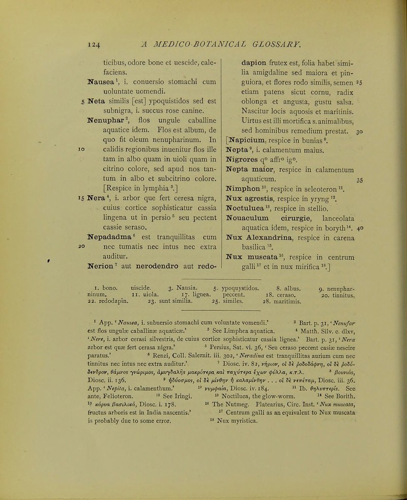 ticibus, odore bone et uescide, cale- faciens. Nausea^ i. conuersio stomachi cum uoluntate uomendi. 5 Neta similis [est] ypoquistidos sed est subnigra, i. succus rose canine. Nenuphar^ flos ungule caballine aquatice idem. Flos est album, de quo fit oleum nenupharinum. In lo calidis regionibus inuenitur flos ille tam in albo quam in uioli quam in citrino colore, sed apud nos tan- tum in albo et subcitrino colore. [Respice in lymphia 15 Nera^, i. arbor que fert ceresa nigra, . cuius cortice sophisticatur cassia lingena ut in persio^ seu pectent cassie seraso. Nepadadma est tranquillitas cum 30 nec tumatis nec intus nec extra auditiu\ Nerion'' aut nerodendro aut redo- dapion frutex est, folia habet simi- lia amigdaline sed maiora et pin- guiora, et flores rodo similis, semen 25 etiam patens sicut cornu, radix oblonga et angusla, gustu salsa. Nascitur locis aquosis et maritinis. Uirtus est illi mortifica s.animalibus, sed hominibus remedium prestat. 30 [Napicium, respice in bunias Nepta, i. calamentum maius. Nigrores q'' affro igo. Wepta maior, respice in calamentum aquaticum. 35 Nimphon respice in seleoteron Nux agrestis, respice in yryng Noctuluea respice in stellio. Nouac\ilujn cirurgie, lanceolata aquatica idem, respice in boryth. 4° Nux Alexandrina, respice in carena basilica Nux muscata^, respice in centrum galli et in nux mirifica ^l] 9. nenuphar- 20. tinnitus. I. bono. uiscide. 3. Nausia. 5. ypoquystidos. 8. albus. ninum. 11. uiola. 17. lignea. peccent. 18. ceiaso. 22. redodapin. 23. sunt similia. 25. similes. 28. maritimis. ' App. ' Nausea, i. subuersio stomachi cum voluntate vomendi.' ^ Bart. p. 31,' Nemifar est flos ungulse caballinse aquaticse.' ' See Limphea aquatica. * Matth. Silv. c. dlxv, ' Nere, i. arbor cerasi silvestris, de cuius cortice sophisticatur cassia lignea.' Bart. p. 31, ' Nera arbor est quse fert cerasa nigra.' ° Persius, Sat. vi. 36, ' Seu ceraso peccent casise nescire paratus.' * Renzi, Coll. Salemit. iii. 302,' Neradina est tranquillitas aurium cum nec tinnitus nec intus nec extra auditur.' ' Diosc. iv. 82, vrjpiov, ol 5e poSoSafvr], ol 5« poS6- SfvSpov, 6afivos yvupiftos, dfivySaXTjs naKportpa Kai naxvrepa fxaiv (pvWa, k.t.\. ' ^ovvias, Diosc. ii. 136. ' ^Suoff^os, oi 5« fiivdrjv ij Ka\a(i'tvdr]v , . . 01 Si veireTan, Diosc. iii. 36. App. ' iVepiVa, i. calamenthum.' rt/nc/^a/a, Diosc. iv. 184. Ih. ffrjXviTTepis. See ante, Felioteron. See Iringi. Noctiluca, the glow-worm. See Borith. Kapva PaffiXiKa, Diosc. i. 178. The Nutmeg. Platearius, Circ. Inst. ' Ntix muscata, fructus arboris est in India nascentisi' ■'^ Centrum galli as an equivalent to Nux muscata is probably due to some error.  Nux myristica.