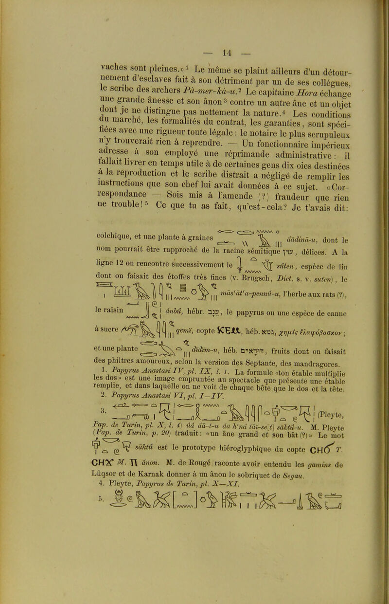 vaehes sont pleines.» i Le meme se plaint ailleurs d'un dötour- nement d'esclaves fait ä son dötriment par un de ses collögues le scribe des archers Pä-mer-kä-u^ Le capitaine Hora ecliange ime g-rande anesse et son anon 3 contre un autre äne et un objet dont je ue distingue pas nettement la nature.* Les conditions au marche, les formalites du contrat, les garanties, sont spöci- ti6es avec une rigueur toute legale: le uotaire le plus scrupuleux n y trouverait rien ä reprendre. — Un fonctionnaire imperieux adresse a son employe une reprimande adminisü-ative ■ il ta lait Im-er en temps utile ä de certaines gens dix oies destinees a la reproduction et le scribe distrait a neglige de remplir les Instructions que son chef lui avait donnees ä ce sujet. «Cor- respondance — Sois mis ä Tarnende (?) fraudeur que rien ne trouble!5 Ce que tu as fait, qu'est-cela? Je t'avais dit- . , , ^v—■ ' ■ AAA/W\ O colchique, et une plante ägraines ^ \ ^ düdmä-u, dont le nom ponrrait etre rapprochö de la racine s6mitique ps-, delices. A la ligne 12 ou rencontre successivement le 1 ^ ^ süten, espece de lin dont on faisait des etoffes tres fines (v. Brugsch, Dict. s. v. suten) le lll/vwvvN Jr III '«'«^'«-i'ßwww-M, l'herbe aux rats (?), ^^'^'^ J j ^''»^'2> liebr. , le papyrus ou une esp6ce de canue ä Sucre ^^(] (j ?my, copte SCEil, heb. xw^? naifößoaxov ■ etuneplanteIIIheb. b^x^^n, fruits dont on faiaait des philtres amoureux, selon la Version des Septante, des mandragores. 1. Papyrus A^iastasi IV, pl. IX, 1.1. La formule «ton etable multiplie les dos., est une Image empruntee au spectacle que presente une etable remphe, et dans laquelle on ne voit de chaque bete que le dos et la tete. 2. Papyrus Anastasi VI,pl. I—IV Pap. de Imn, pl X, l. 4] üd dä-t-u du h'nd tät-se[t] säJctü-u. M. Pleyte ^ il-i traduit: «un äne grand et son bät(?).. Le mot 'V'ci ^'^^^^ prototype hi^roglyphique du copte CH<^T. CH^ Tl ä7ion. M. de Koug6 raconte avoir entendu les ffa7nins do Lüqsor et de Karnak donner k un änon le sobriquet de Segau. 4. Pleyte, Papyrus de Turin, pl. X—XI.