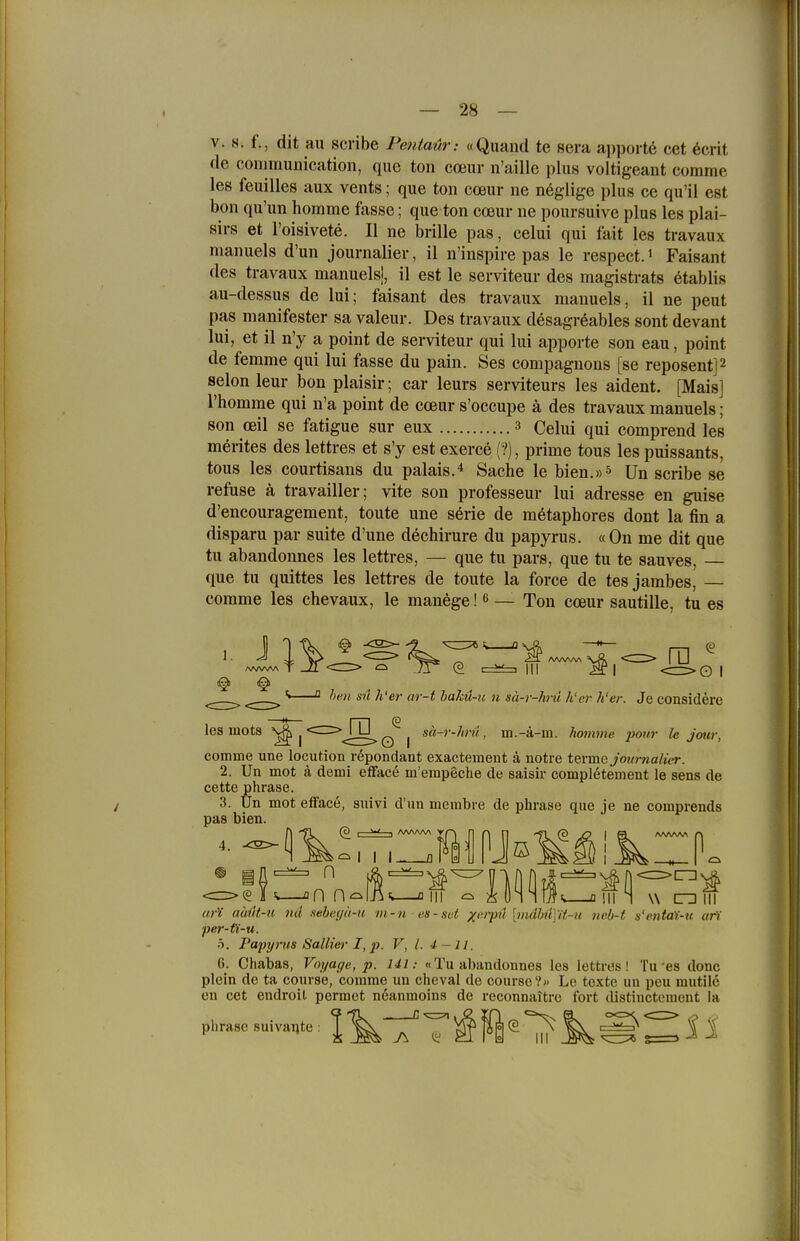 de communication, que ton coeur n'aille plus voltigeant corame les feuilles aux vents; que ton cceur ne neglige plus ce qu'il est bon qu'un homme fasse; que ton coeur ne poursuive plus les plai- sirs et l'oisivete. II ne brille pas, celui qui fait les travaux nianuels d'un journalier, il n'inspire pas le respect.' Faisant des travaux manuelsj, il est le serviteur des magistrats etablis au-dessus de lui; faisant des travaux manuels, il ne peut pas manifester sa valeur. Des travaux desagreables sont devant lui, et il n'y a point de serviteur qui lui apporte son eau, point de femme qui lui fasse du pain. Ses compagnons [se reposentjz Selon leur bon plaisir; car leurs serviteurs les aident. [Mais] Thomme qui n'a point de coeur s'occupe ä des travaux manuels; son oeil se fatigue sur eux 3 Celui qui comprend les mörites des lettres et s'y est exerc6 (?), prime tous les puissants, tous les courtisans du palais.* Sache le bien.ws Un scribe se refuse ä travailler; vite son professeur lui adresse en guise d'encouragement, toute une serie de mötaphores dont la fin a disparu par suite d'une dechirure du papyrus. « On me dit que tu abandonnes les lettres, — que tu pars, que tu te sauves, — que tu quittes les lettres de toute la force de tes jambes, comme les chevaux, le manege! e — Ton cceur sautille. tu es O I '«  Sil h'er ur-t laM-u n sä-r-h-d h'cr h'er. Je considere les mots Iq'^ I sä-V'hnt, m.-ä-m. homme iwiir le Jota; comme une locution repondant exactement ä notre terme Journalier. 2. Un mot ä demi elface m'empeche de saisir completement le sens de cette phrase. 3. Un mot efface, suivi d'un membre de phrase que je ne comprends pas bien. ur^ auüt-n 7x1 .sebc(/a-u in-7i es-sct X'-'T [mdbüyU-u nvb-t s'entaf-u ari per-ti-u. h. Pappi-Jis Sallier I, j). V, l. l-ll. 6. Chabas, Voyage, p. 1dl: «Tu abandonnes les lettres! Tu-es donc plein de ta course, comme un cheval de course?» Le texte un peu mutilc en cet endroil permet neanmoins de reconnaitrc fort distinctcmcnt la phrase suivante : | '^^ ^ ^