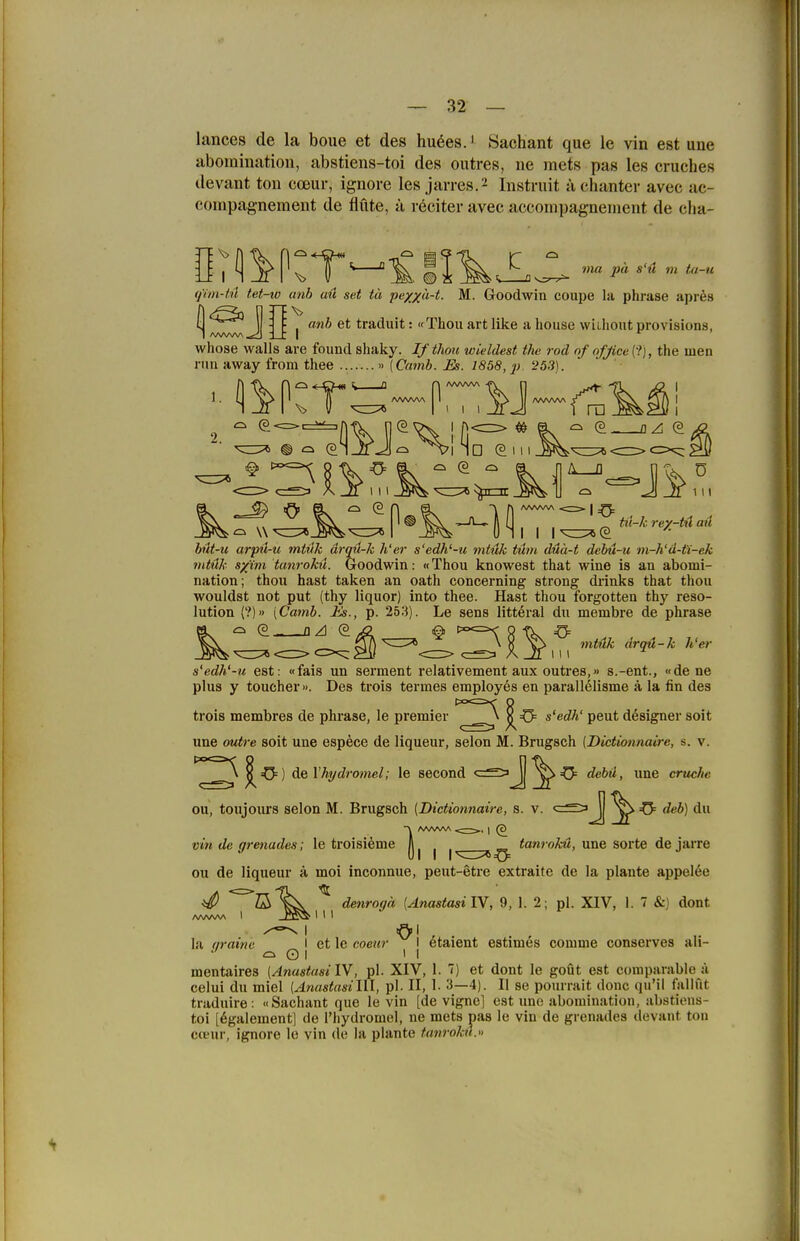 lances de la boue et des hu6es.' Sachant que le vin est une aborainatioTi, abstiens-toi des outres, ne mets pas les cruches devant ton cceur, ignore les jarres.2 Instruit achanter avec ac- conipagnement de flute, ä röciter avec accompagnenient de cha- f/i/n-fn tet-iü anb aü sei tä pe//ä-<. M. Goodwin coupe la phrase apr^s 1 /vww\^ - j I ''^ traduit: «Thou art like a house wiihout provisions, whose walls are found shaky. If thou wieldest the rod of ofßce (?), the men nm away from thee » [Camb. Es. 1858,]). 253). büt-u arpü-u mtiik ärqü-k h'er s'edh'-u mtük tünc düä-t debu-u m-h'ä-t'i-ek nitük s/im tanrokü. Goodwin: «Thou knowest that wine is an abomi- nation; thou hast taken an oath concerning strong drinks that thou wouldst not put (thy liquor) into thee. Hast thou forgotten thy reso- lution {?)» [Camb. Hs., p. 253). Le sens litteral du membre de phrase h^Z^'^Ü^^X^WZ '^«^^ «'•^^-^ s'edh'-u est: «fais un serment relativement aux outres,» s.-ent., «de ne plus y toucher«. Des trois termes employes en parallelisme ä la fin des trois membres de phrase, le premier ^ =0= s'edh' peut designer soit une outre soit une espece de liqueur, selon M. Brugsch {Dictionnaire, s. v. ''^^^ ^^^ de 17;?/c/rome/,- le second c:^>^ =ö= debü, une cruche QU, toujours Selon M. Brugsch {Dictionnaire, s. v. c^i J =0= deb) du vin de grenades; le troisieme || ^ |^__^^ tewj oM, une Sorte dejarre ou de liqueur ä moi inconnue, peut-etre extraite de la plante appel6e ^ ^^^ ^ denrogä {Anastasi lY, 9, 1. 2 ; pl. XIV, 1. 7 &) dont la araine I et le coeur 1 etaient estimes couime conserves ali- o o I II inentaires (Anastusi lY, pl. XIV, 1. T) et dont le goüt est comparable ü celui du miel {AnastasilU, pl. II, 1- 3—4). II se pomrait donc qu'il fallut traduire: «Sachant que le vin [de vigne] est une abomination, abstiens- toi [6galementl de riiydromel, ne mets pas le vin de grenades devant ton cctur, ignore le vin de la plante tanroku.»