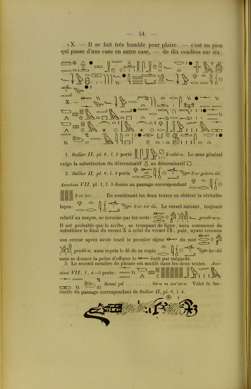 «X. — II se fait tres humble pourplairc: — c'est un pion qui passe d'une case en autre case, — de dix coudees sur six; vAQr-^ Jjö §1 I iAI^ III <=^ IT _„ 2 I w '^=—^ III iini (Sciio^Jiiil^^ 1. SaKier II, pl. 6, l. 2 porte ^Jj h'esM-u. Le sens general exige la Substitution du determinatif ö ^i determinatif O • 2. Sallier II, pl. 6, l. 3iiOYte ^ (llQ l ^^h'erxetcraüä; 1^ ^ n r Anastasi VII, pl. 1, 1. 3 donne au passage correspondant 'J 1® A'er <6'?' En combinant les deux textes on obtient la veritable leQon: ^ ^ (I i 1 ^ ^^^^ /«'er ier Le verset suivant, toujours relatif au magon, se termine par les mots: S >frorf»<-M-iü. II est probable que le scribe, se trompant de ligne, aura commence de substituer le final du verset X ä celui du verset IX; puis, ayant reconnu son erreur apres avoir trace le premier signe ^-=* du mot Xrodü-u, aura repris le fil de sa copie Sans se donner la peine d'elfacer le 0^-= ecrit par megarde. 3. Le second membre de phrase est mutile dans les deux textes. Anu- Stasi VII, 1, 4—5 porte: ^^^^ W —M AAAAAA <(5j Senni pü bü-u m scs'7ü-u. Voici le fac- C3=l W -—'III simile du passage correspondant de Sallicr II, pl. 6, 1. 4. ^ ® t