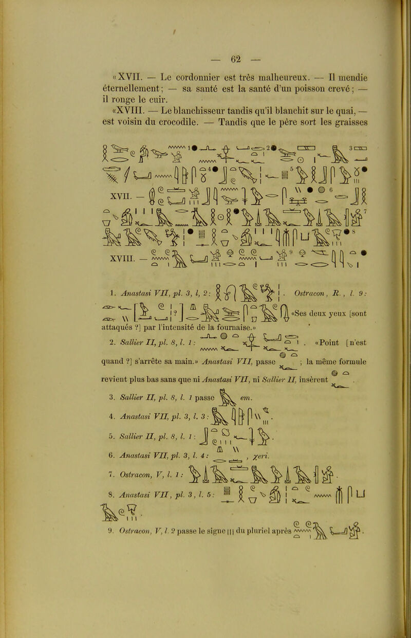«XVII. — Le cordonnier est tr6s malheureux. — II mendie 6ternellement; — sa sant6 est la sante d'un poisson crev6; — il ronge le cuir. «XVIII. — Le blanchisseur tandis qu'il blanchit sur le quai, — est voisin du crocodile. — Tandis que le p6re sort les graisses ^ ^1 I I 1. Anastasi VII, pl. 3, l, 2: ^ | • Ostracon, R. , l. 9 : \\n { ^ ] ^5 P g ^^^ '^^^ y^'^ t^^* ^ W tittaques ?] par l'intensitö de la fournaise.» ^-n- ® -A- 1.SallierII,pl.8,l.l : ^jL '^''^ ' • «Point [n'est /\^/W\/\ ^ I — guaud ?] s'arrete sa main.» Anastasi VII, passe ; la mSme formule revient plus bas sans que ni Anastasi VII, ni Sallier U, ins^rent 3. Sallier II, pl. 8, l. 1 passe ß'- 4. Anastasi VII, pl. 3, l. 3: ^ ^ P ' 5. Sallier II, pl. S.l.l.J^ ^ . 6. Anastasi VII, j}l. 3, l. 4: , ^eri. 8. Anastasi VII, pl. 3,1. 5: ^ f. ^ ^ ^ j (1 P ^ 9. Ostracon, V, l. 2 passe le signe || | du pluriol iiprös ^^^^^ •