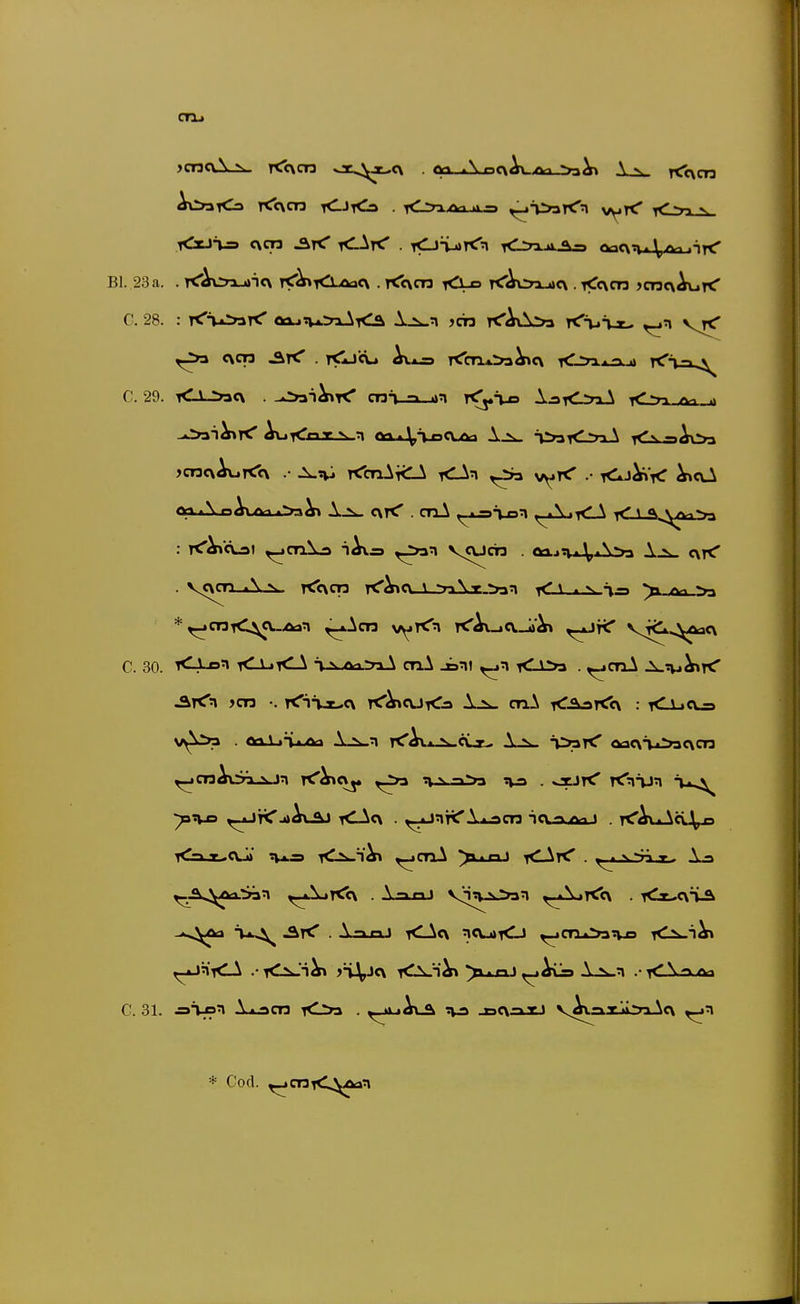 au lOcJ-Vs C\CT3 ^TtT K^y< . tOtmtC:» TC1>^ tt «\-» <toe\?u4AajiK' Bl. 23 a. . T^Aoxjaicx TtT^i^LöäCx . T<<\cn <Lo T^^oauicx . <c\CT3 >aa<\AuT<' C. 28. : rC^AinrC oa_in-«.>a-^<a jcra rCAAÄi Ktjö^ c\cn . t<1j<u rCcTiA^ja^cx r^^-.^ C. 29. <A->»<\ . .^^■i^K' CT3T_a_un T<^äx9 A..3<.>iA /vi.rt )cnc\Av.T<c\ .• TfcnA^tlA T<lAn v^rC .• <*j^< ^oA Ort A nA\/v-> i>a^ CXfC . CTlA ^_i^i_D^ ^A \ ^O-Ä^^Ai^o . v<\cn «\ N rCoqa rC^cx \ ».^.x-^a^i ^ • ^ i-» ^ C. 30. rQ-on xC^fCA i sAa.:>3-l cnA jöni <a>3 . ^cnA ^tvj^rC ^two ,_AJr^ja^\-äJ iCAc\ . ^_ijnr^A..i^cn icva^^aj . tCAvilAcL^ i<^-> x..c\J»' tu-s T^L^i'^ ^cnA » lOlK . t- A^ ^KtCA .-iCiJi^ )äVj<\ ^.nJ ^Aija A-ik_n .• T<l\?V.Qa * Cod. ^cniC^Aan