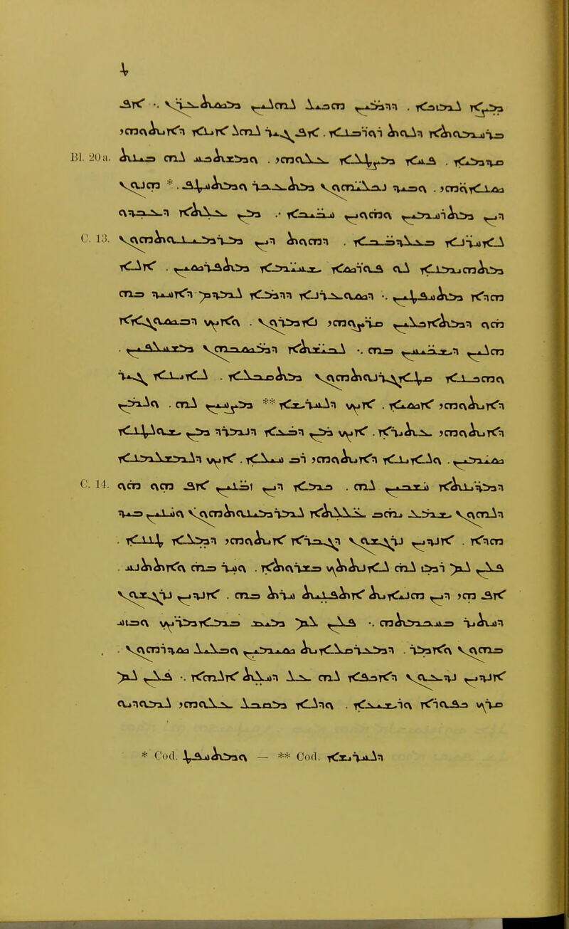 vi^AvAa>» ^-xActlA l^cn ^.Sann . <ai:>xA t<^^ jcncxAurCn <ijrC ^cnA ^x,^3<. < \ .r»'ic\i ^oAn K'^coudi^ Bl. -20a. AvU-=» cnA ji.aA\z^c\ . )cn<\\ n <\\^>3 tCaA . i<::»>an-o VJVJqn *. ^^Ao3c\ ^-Aoa ycxcn'AnJ tw*-=>c\ . >ct3c\<aa3 c\n-? t^tAa^ yCn ■ hl i> ^c\chc\ ^-oa-AiiAoa C. 13. v<\cn^cx,-i_._:»3V>a ^c\cnn . r*'' ^ rCj'-ijir<A crL=9 ?v.-4»T<n ^Tvm.^ Kl:>an:i <.J^^cuwan •. ,_*J^jaAo3 K^m T<TC^«Uki.=n v^jTCcx . Vcri>a<i jcn<\j,H^ ^iNaTtrAv^m <\cn C 14. c\<Tj t\cn ,_vijDt . caA -»^ •« T<'^UjVv>in , jiJ^^T<<\ eins i-iicx . rf^cxTJCij vy^AuiCA criA öai ^^xA ^ *\ >tA •. rCcTiAr^ ^Ajin .V cnA <<\->tOi vcui>-tvJ ^nJr^ <Vjncv.:rLA >c?3c\.\'s, A-^^xir» iC-^n<\ . r<^\tx..icK K'icvA^ vy-vo * Cod. V«\rtAx>i<\ — ** Cod. <xji.^n