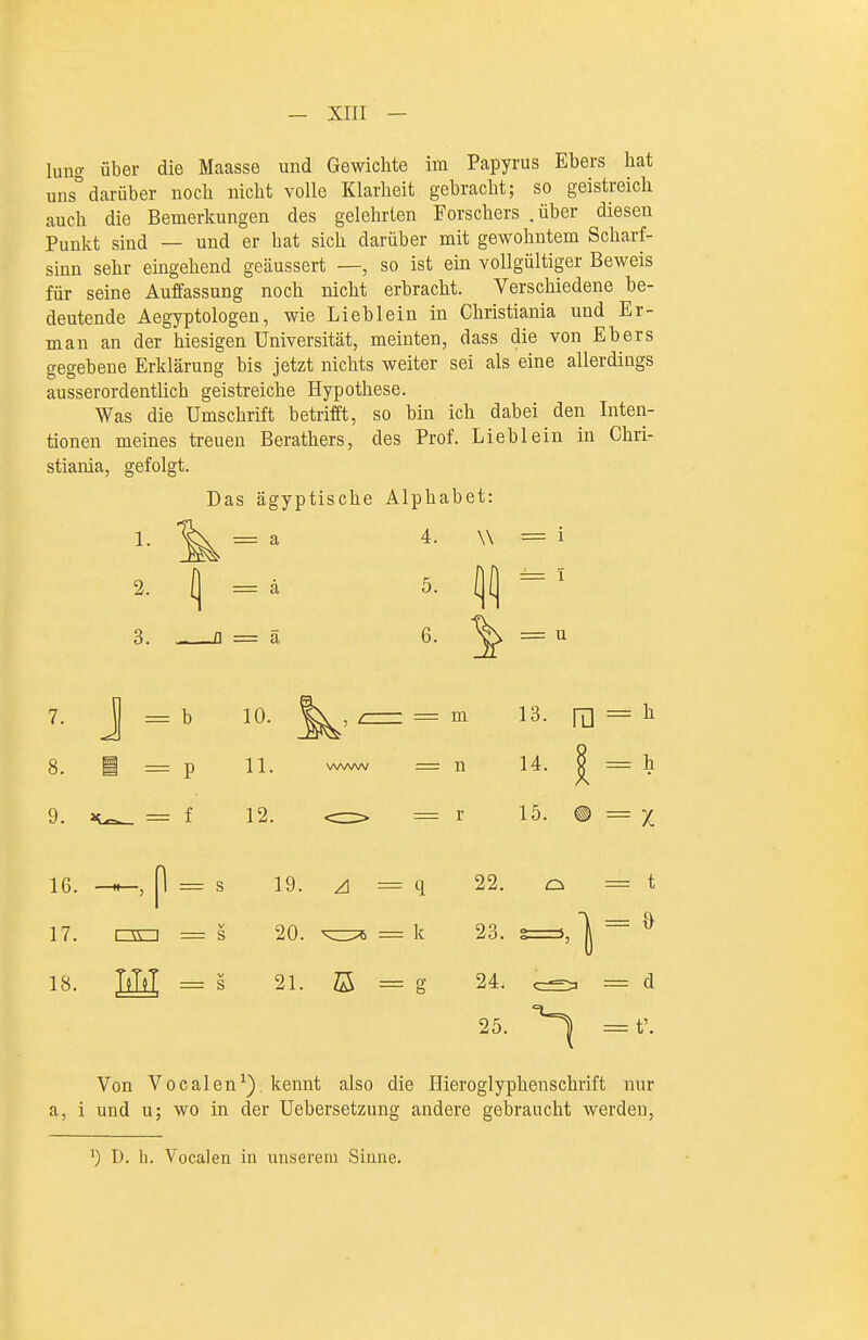 lung über die Maasse und Gewichte im Papyrus Ebers hat uns° darüber noch nicht volle Klarheit gebracht; so geistreich auch die Bemerkungen des gelehrten Forschers .über diesen Punkt sind — und er hat sich darüber mit gewohntem Scharf- sinn sehr eingehend geäussert —, so ist ein vollgültiger Beweis für seine Auffassung noch nicht erbracht. Verschiedene be- deutende Aegyptologen, wie Lieblein in Christiania und Er- man an der hiesigen Universität, meinten, dass die von Ebers gegebene Erklärung bis jetzt nichts weiter sei als eine allerdings ausserordentlich geistreiche Hypothese. Was die Umschrift betrifft, so bin ich dabei den Inten- tionen meines treuen Berathers, des Prof. Lieblein in Chri- stiania, gefolgt. Das ägyptische Alphabet: W = 1 2. Ij = ä 5. J = k'^^ 8. § = p 11. www = n 16. , P = s 19. ZI = q 17. C30 = s 20. = k 18. TiM = s 21. ö Von Vocalen^) kennt also die Hieroglyphenschrift nur a, i und u; wo in der Uebersetzung andere gebraucht werden. 13. ra = h 14. l - h 15. ® 22. = t 23. 24. = d 25. = f. D. h. Vocalen in unserem Sinne.