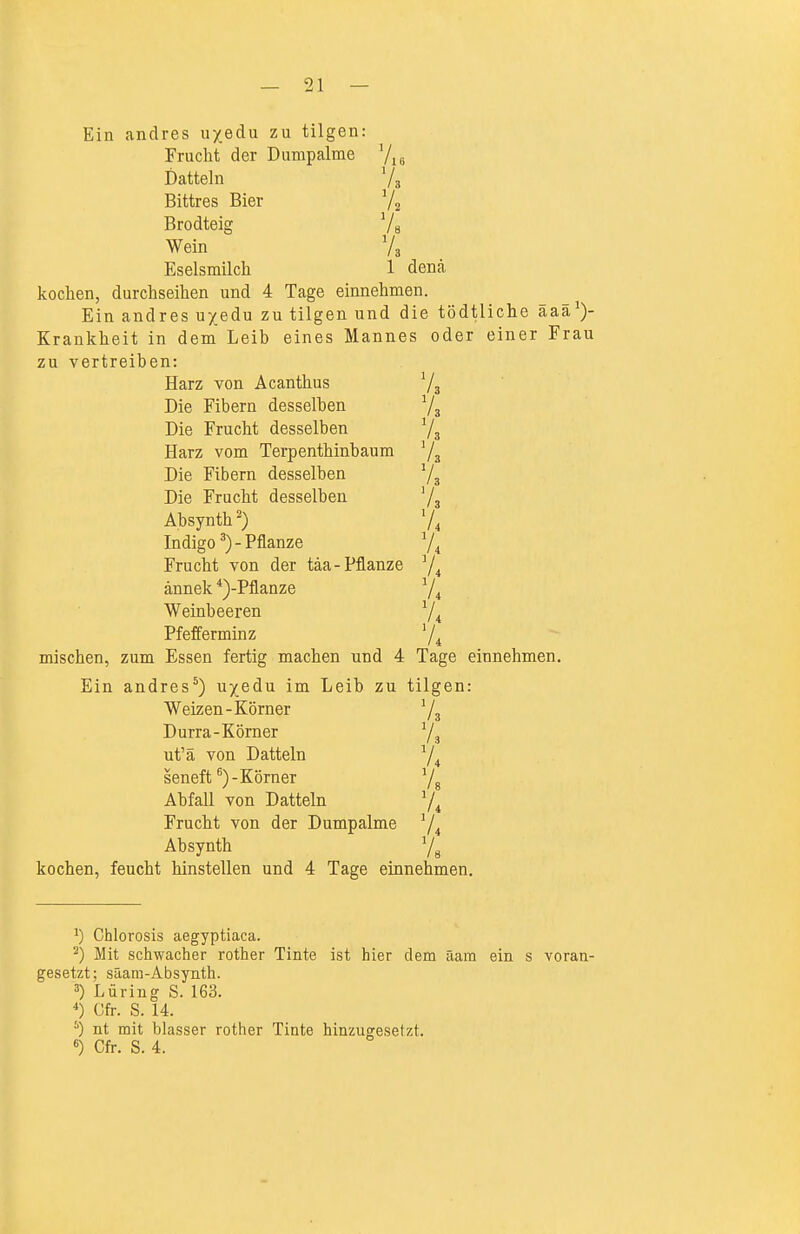 Ein andres uxedu zu tilgen: Frucht der Dumpalme 7,. Datteln Bittres Bier Ii Brodteig Vb Wein Va Eselsmilch 1 denä kochen, durchseihen und 4 Tage einnehmen. Ein andres u/edu zu tilgen und die tödtliche äaa^)- Krankhelt in dem Leib eines Mannes oder einer Frau zu vertreiben: Harz von Acanthus Ys Die Fibern desselben Ys Die Frucht desselben Ys Harz vom Terpenthinbaum Ys Die Fibern desselben Ys Die Frucht desselben Y3 Absynth') Y4 Indigo')-Pflanze Y4 Frucht von der täa-Pflanze Y4 ännek *)-Pflanze Y4 Weinbeeren Y4 Pfefferminz Y4 mischen, zum Essen fertig machen und 4 Tage einnehmen. Ein andres') u/edu im Leib zu tilgen: Weizen-Körner Y3 Durra-Kömer Y3 ut'ä von Datteln Y4 seneft ^)-Körner Ys Abfall von Datteln Y4 Frucht von der Dumpalme Y4 Absynth Ys kochen, feucht hinstellen und 4 Tage einnehmen. ^) Chlorosis aegyptiaca. ^) Mit schwacher rother Tinte gesetzt; säam-Absynth. 3) Lüring S. 163. *) Cfr. S. 14. nt mit blasser rother Tinte Cfr. S. 4. ist hier dem aara ein s voran- hinzugesetzt.