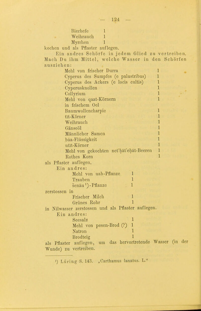 Bierhefe 1 Weihrauch 1 Myrrhen 1 kochen und als Pflaster auflegen. Ein andres Schorfe in jedem Glied zu vertreiben. Mach Du ihm Mittel, welche Wasser in den Schorfen ausziehen: Mehl von frischer Durra 1 Cyperus des Sumpfes (c palustribus) 1 Cyperus des Ackers (e locis cultis) 1 Cyperusknollen 1 Collyrium 1 Mehl von qaat-Körnern 1 in frischem Oel BaumwoUencharpie 1 tlt-Körner 1 Weihrauch 1 Gänseöl 1 Männlicher Samen 1 häa-Flüssigkeit 1 ntit-Kömer 1 Mehl von gekochten net'hät'ehät-Beeren 1 Rothes Korn 1 als Pflaster auflegen. Ein andres: Mehl von uab-Pflanze. 1 Trauben 1 senäu^)-Pflanze 1 zerstossen in Frischer Milch 1 Grünes Rohr 1 in Nilwasser zerstossen und als Pflaster auflegen. Ein andres: Seesalz 1 Mehl von pesen-Brod (?) 1 Natron 1 Brodteig 1 als Pflaster auflegen, um das hervortretende Wasser (in der Wunde) zu vertreiben. 1) Lüring S. 143. „Carthamus lanatus. L.