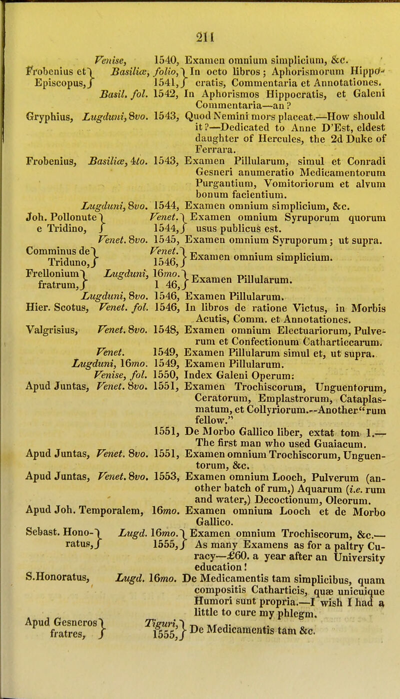 Fenise, 1540, Exameii omnium simplicium, &c. Frobcnius et\ Basili<B, folio,\\vi octo libros ; Aphorismorum Hippo'-' Episcopus,/ 1541, j cratis, Commentaria et Annotationes. Basil, fol. 1542, In Aphorismos Hippocratis, et Galeni Commentaria—an ? Gryphius, Lugduni, Qvo. 1543, Quod Nemini mors placeat.—How should it ?—Dedicated to Anne D'Est, eldest daughter of Hercules, the 2d Duke of Ferrara. Frobenius, Basili(e,^to. 1543, Examen Pillularum, simul et Conradi Gesneri anumeratio Medicamentorura Purgautium, Vomitoriorum et alvura bonum facientium. Lugduni, 8vo. 1544, Examen omnium simplicium, &c. Joh. Pollonute\ Fenet.\Examen omnium Syruporum quorum e Tridino, J 1544,/ usus publicus est. Fenet.8vo. 1545, Examen omnium Syruporum; ut supra. Comminus del Fenet.l t^„„ „ . • v . Triduno i 1546 f ^^^^^'i omnium simplicmm. Frellonium'i Lugduni. 16mo.l ^ „.„ , fratrum,/ 1 46,/^^^^^ Pillularum. Lugduni, 8vo. 1546, Examen Pillularum. Hier. Scotus, Fenet. fol. 1546, In libros de ratione Victus, in Morbis Acutis, Comm. et Annotationes. Valgrisius, Fenet. 8vo. 1548, Examen omnium Electuariorum, Pulve- rum et Confectionum Catharticcamm. Fenei. 1549, Examen Pillularum simul et, ut supra. Lugduni, 16mo. 1549, Examen Pillularum. Fenise, fol. 1550, Index Galeni Operum: Apud Juntas, Fenet. 8vo. 1551, Examen Trochiscorum, Unguentorum, Ceratorum, Emplastrorum, Cataplas- matum, et CoUyriorum.—Another rum fellow. 1551, De Morbo Gallico liber, extat torn 1.— The first man who used Guaiacum. Apud Juntas, Fenet. 8vo. 1551, Examen omnium Trochiscorum, Unguen- torum, &c. Apud Juntas, Fenet. 8vo. 1553, Examen omnium Looch, Pulverum (an- other batch of rum,) Aquarum {i.e. rum and water,) Decoctionum, Oleorum. Apud Joh. Temporalem, 16mo. Examen omnium Looch et de Morbo Gallico. Sebast. Hono-> Zw^d. 16mo.\ Examen omnium Trochiscorum, &c. ratus,/ 1555,/ As many Examens as for a paltry Cu- racy--£60. a year after an University education! S.Honoratus, Lugd. 16mo. De Medicamentis tarn simplicibus, quam compositis Catharticis, quae unicuique Humeri sunt propria.—I wish I had a little to cure my phlegm. ^^^frntresr'} ^1555} Medicamentis tarn &c.