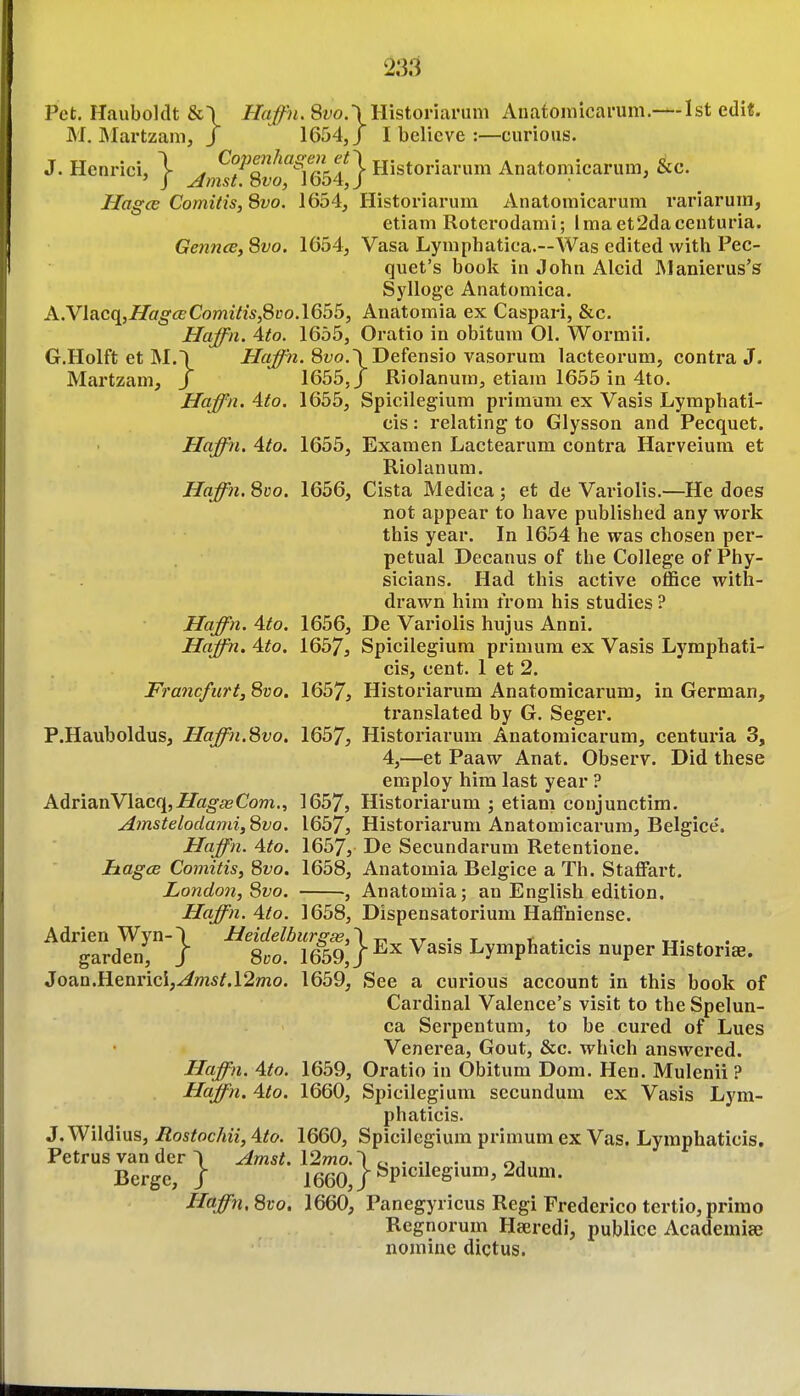 Pet. Hauboldt &\ Haffn. 8vo.\Histonaruni Aiiatomicarum.— 1st edi«. M, Martzam, J 1654, J I believe :—curioHS. J. Hcnrici, | ^msT^vo^^\Qht^ Historianim Anatomicarum, &c. Hagce Comitis, 8vo. 1654, Historiarum Aiiatomicarum rariarura, etiam Rotei'odami; lmaet2dacentui'ia. GenncBi 8vo. 1654, Vasa Lymphatica.—Was edited with Pec- quet's book in John Alcid Manierus's Sj^loge Anatomica. A.'Vla,cq,IIag(eComitis,8Do.\65b, Anatomia ex Caspari, &c. Haffn. 4to. 1655, Oratio in obitum 01. Wormii. G.Holft et M.\ Hajfn. 8fo.\Defensio vasoruni lacteorum, contra J. Martzam, J 1655, J Riolanum, etiam 1655 in 4to. Haffn. Ato. 1655, Spicilegium primum ex Vasis Lymphati- cis: relating to Glysson and Pecquet. Haffn. 4to. 1655, Examen Lactearum contra Harveium et Riolanum. Haffn. 8vo. 1656, Cista Medica; et de Variolis.—He does not appear to have published any work this year. In 1654 he was chosen per- petual Decanus of the College of Phy- sicians. Had this active office with- drawn him from his studies ? Haffn. Ato. 1656, De Variolis hujus Anni. Haffn. Ato. 1657, Spicilegium primum ex Vasis Lymphati- cis, cent. 1 et 2. Francfurt, 8vo. 1657, Historiarum Anatomicarum, in German, translated by G. Seger. P.Hauboldus, Haffn.8vo. 1657, Historiarum Anatomicarum, centuria 3, 4,—et Paaw Anat. Observ. Did these employ him last year ? AdrianVlacq,jfiTfl^^BCom., 1657, Historiarum ; etiam conjunctim. A}nstelodami,8vo. 1657, Historiarum Anatomicarum, Belgice. Haffn. Ato. 1657, De Secundarum Retentione. IiagcB Comitis, 8vo. 1658, Anatomia Belgice a Th. Staffart. London, 8vo. , Anatomia; an English edition. Haffn. Ato. 1658, Dispensatorium Hafibiense. Adrien Wyn-1 HeidelburgseA • t t. • tt. , . garden, / 8vo. 1659,/ ^^'^^ Lymphaticis nuper HistoriaB. Joan.Heni'ici,^»j5/.12mo. 1659, See a curious account in this book of Cardinal Valence's visit to the Spelun- ca Serpentum, to be cured of Lues Venerea, Gout, &c. which answered. Haffi. Ato. 1659, Oratio in Obitum Dom. Hen. Mulenii ? Haffn. Ato. 1660, Spicilegium secundum ex Vasis Lym- phaticis. J.Wildius, Rostochii, Ato. 1660, Spicilegium primum ex Vas. Lymphaticis, Petrus van der ^ Amst. 12mo.'\ ^ • -i • oi Berge, / ^ggQ | fepicilegmm, 2dum. Haffn. 8vo. 1660, Panegyricus Regi Frederico tcrtio, prime Regnorum Haeredi, publicc Academic nomine dictus.