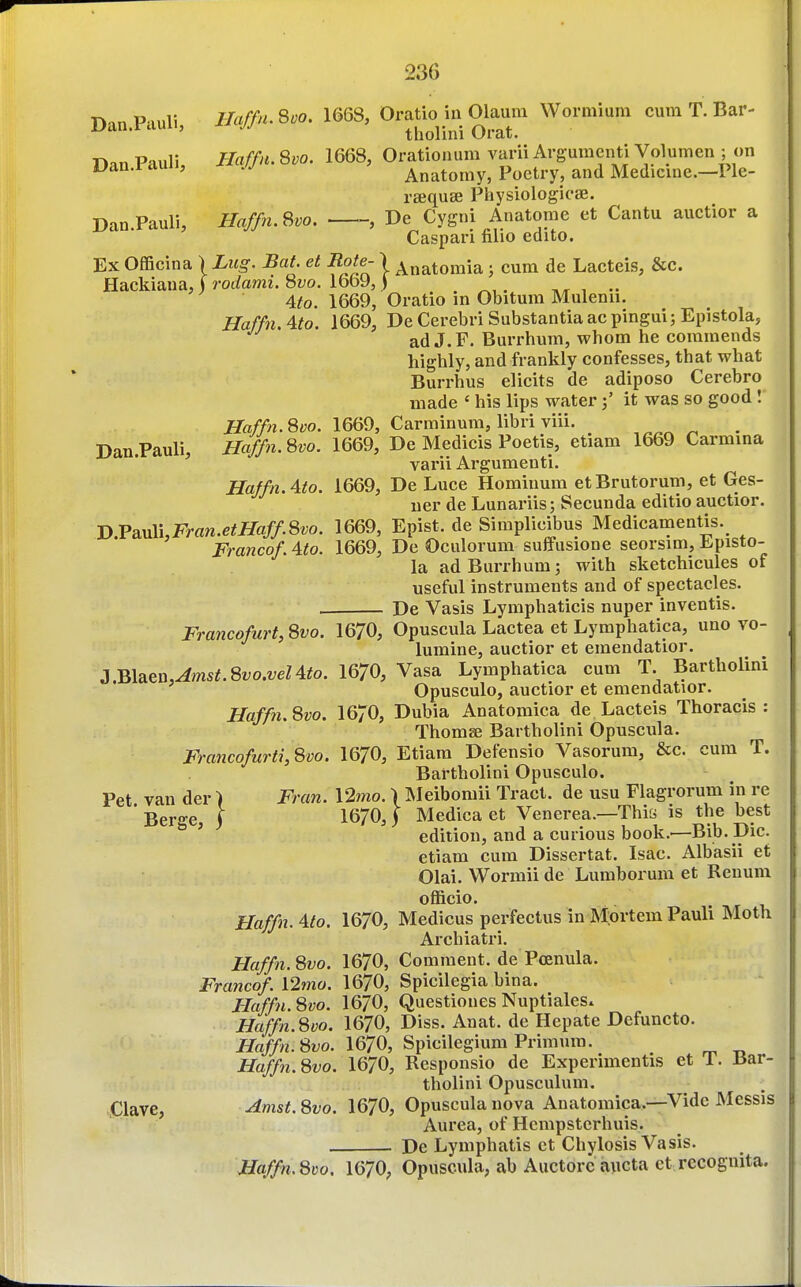 rkon P uili Baffn. 8^0. 1668, Oratio in Olaum Wormium cum T. Bar- Dan.Fduii, a jj tholini Orat. r».n P'liili Haffii. 8i;o. 1668, Orationum varii Argument! Volumen ; on Dan.Pduli, Mm Anatomy, Poetry, and Medicine.-Ple- raiquse Physiologicse. DanPauli, Haffn.^vo. , De Cygni Anatome et Cantu auctior a Caspari filio edito. Ex Officina ) Lug. Bat. et Rote- \ ^natomia; cum de Lacteis, &c. Hackiaua, j mfame. 8z;o. 1669,) . . ^,. ,t , Ato. 1669, Oratio m Obitum Mulenu. Haffn. Ato. 1669, De Cerebri Substantia ac pingui; Epistola, ad J.F. Burrhum, whom he commends highly, and frankly confesses, that what Burrhus elicits de adiposo Cerebro made ' his lips water 3' it was so good 1 Haffn.Svo. 1669, Carminum, libri viii. ^ Dan.Pauli Haffn.^vo. 1669, De Medicis Poetis, etiam 1669 Carmma ' varii Argumenti. Haffn. Ato. 1669, De Luce Hominum etBrutorum, et Ges- ner de Lunariis; Secunda editio auctior. ■DVa.vXi,Fran.etHaff.Qvo. 1669, Epist. de Simplicibus Medicamentis. Franco/. Ato. 1669, De Oculorum suffusione seorsim, Episto- la ad Burrhum; with sketchicules of useful instruments and of spectacles. De Vasis Lymphaticis nuper inventis. Francofurt, Svo. 1670, Opuscula Lactea et Lymphatica, uno vo- lumine, auctior et emendatior. 3.B\siGn,^mst.8vo.velAto. 1670, Vasa Lymphatica cum T. Bartholini Opusculo, auctior et emendatior. Haffn.Svo. 1670, Dubia Anatomica de Lacteis Thoracis: Thomse Bartholini Opuscula. Francofurti,Svo. 16/0, Etiam Defensio Vasorum, &c. cum T. Bartholini Opusculo. Pet van der ) Fran. \2mo. \ INIeibomii Tract, de usu Flagrorum in re ' Berge ) 1670,) Medica et Venerea.—Thia is the best edition, and a curious book.—Bib. Die. etiam cum Dissertat. Isac. Albasii et Olai. Wormii de Lumborum et Renum officio. Haffn. Ato. 1670, Medicus perfectus in Mprtem Pauli Moth Archiatri. Haffn.Svo. 1670, Comment. de Poenula. Francof l2mo. 1670, Spicilegia bina. Haffn.Svo. 1670, QuestionesNuptiales. Haffn.Svo. 1670, Diss. Anat. de Hepate Defuncto. iya//?i.8yo. 1670, Spicilegium Primum. Haffn. 8vo. 1670, Responsio de Experimentis et T. Bar- tholini Opusculum. Clave, Amst.Svo. 1670, Opuscula nova Anatomica.—Vide Messis Aurea, of Hcmpsterhuis. De Lymphatis et Chylosis Vasis. Haffn.Svo, 1670; Opuscula, ab Auctorcaucta et recognita.