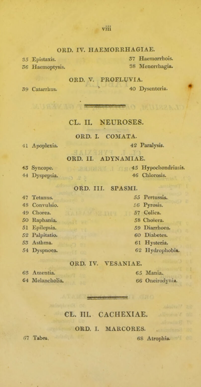 viii ORD. IV. HAEMORRHAGIAE. 35 Epistaxis. 37 Haemorrhois. 36 Haemoptysis. 38 Menorrhagia. ORD. V. PROFLUVIA. 39 CaUrrhus. 40 Dysenteria. CL. II. NEUROSES. 41 Apoplexia. 43 Syncope. 44 Dyspepsia. 47 Tetanus. 48 Convulsio. 49 Chorea. 50 Raphania. 51 Epilepsia. 52 Palpitatio. 55 Asthma. 54 Dyspnoea. 63 Amentia. 64 Melancholia. ORD. 1. COMATA. 42 Paralysis. ORD. 11. ADYNAMIAE. 45 Hypochondriasis. 46 Chlorosis. ORD. III. SPASMI. 55 Pertussis. fiG Pyrosis. 57 Colica. 58 Cholera. 59 Diarrhoea. 60 Diabetes. 61 Hysteria. 62 Hydrophobia. ORD. IV. VESANIAE. 65 Mania. 66 Oneirodynia. CL. III. CACHEXIAE* ORD. I. MARCORES. G7 Tabes, 68 Atrophia.