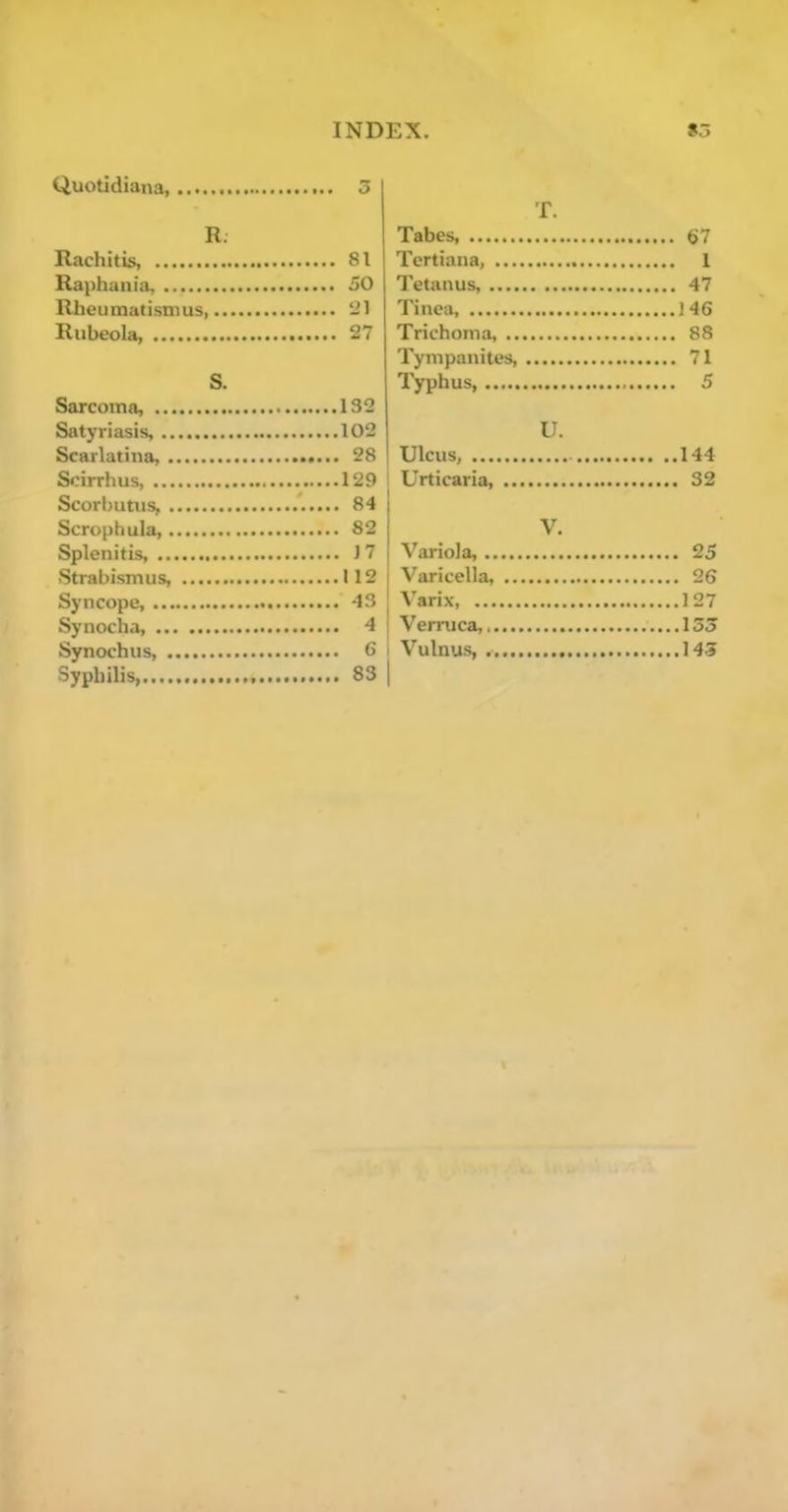 Quotidiana, 3 R. Rachitis, 81 Rai)hania, 50 Rheumatismus, ti] Rubeola, 27 S. Sarcoma, 132 Satyriasis, 102 Scarlatina, 28 Soirrhus, 129 Scorhutiis, 84 Scrophula 82 Splenitis, 17 Strabismus, 112 Syncope, 43 Synocha, 4 Synochus, G Syphilis, 83 T. Tabes, 67 Tertiana, 1 Tetanus, 47 Tinea, 146 Trichoma, 88 Tympanites, 71 Typhus, 5 U. Ulcus, 144 Urticaria, 32 V. Variola, 25 Varicella, 26 Varix, 127 Verruca,, 133 Vulnus, 143