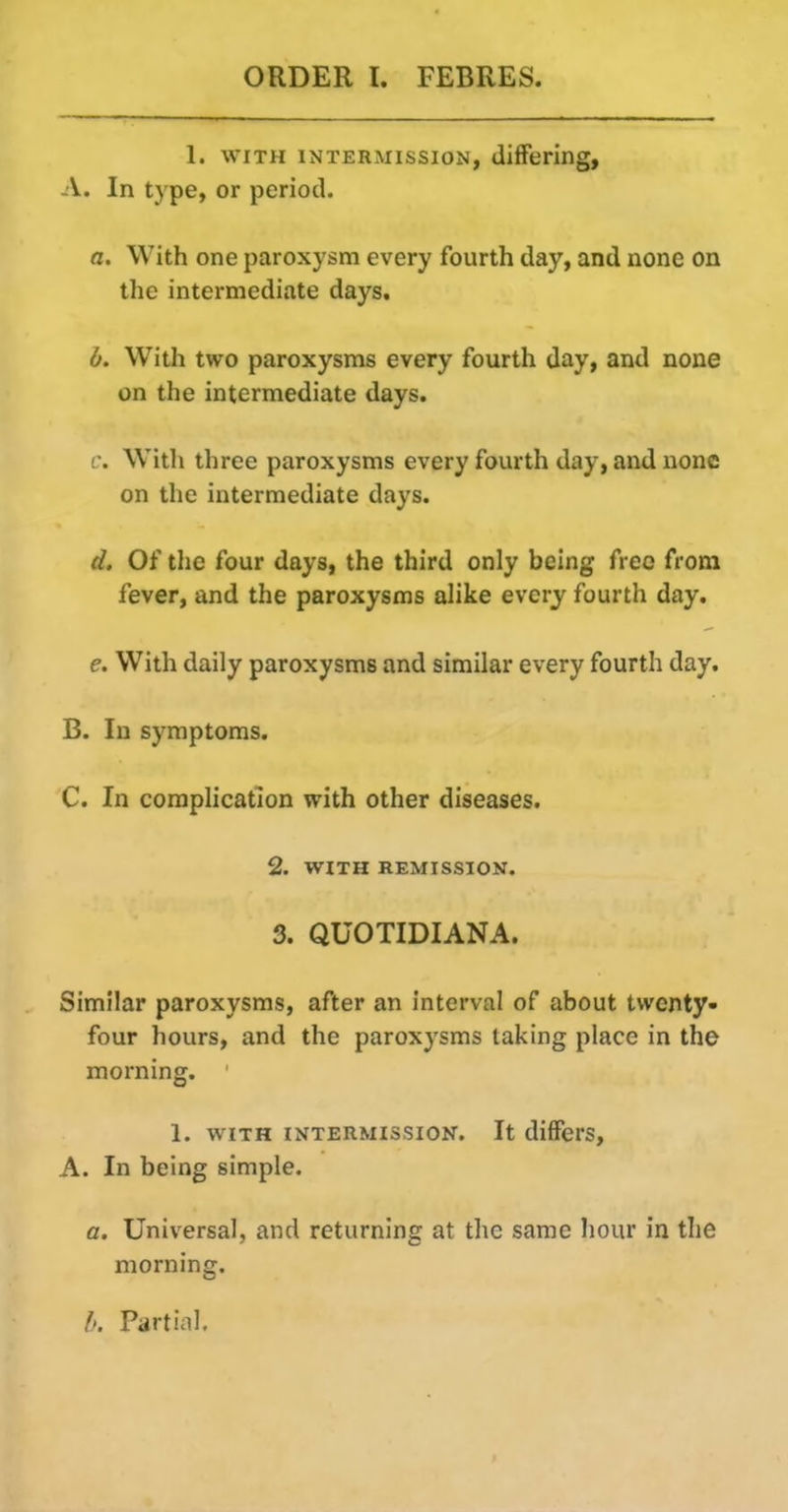 1. WITH INTERMISSION, differing, A. In type, or period. a. With one paroxysm every fourth day, and none on the intermediate days. d. With two paroxysms every fourth day, and none on the intermediate days. c. With three paroxysms every fourth day, and none on the intermediate days. d. Of the four days, the third only being free from fever, and the paroxysms ahke every fourth day. e. With daily paroxysms and similar every fourth day. B. In symptoms. C. In complication with other diseases. 2. WITH REMISSION. 3. QUOTIDIANA. Similar paroxysms, after an interval of about twenty- four hours, and the paroxysms taking place in the morning. ' 1. WITH INTERMISSION. It differs, A. In being simple. a. Universal, and returning at the same liour in the morning. [>. Partial.