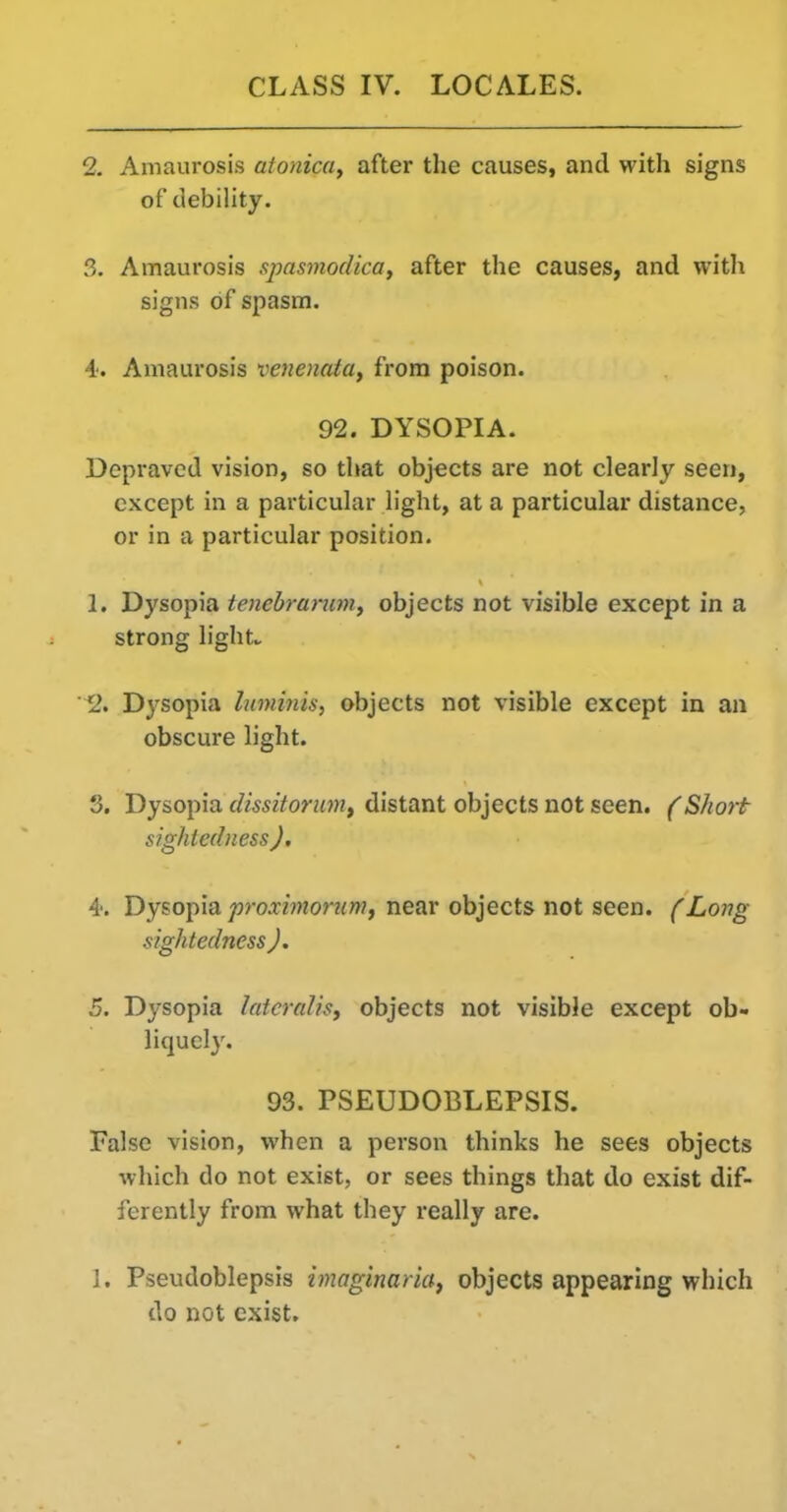 2. Amaurosis atonica^ after the causes, and with signs of debility. 3. Amaurosis spasmodica, after the causes, and with signs of spasm. A: Amaurosis venenata, from poison. 92. DYSOPIA. Depraved vision, so that objects are not clearly seen, except in a particular light, at a particular distance, or in a particular position. 1. Dysopia teneh-amm, objects not visible except in a strong light., 2. Dysopia lunmiis, objects not visible except in an obscure light. S. Dysopia dissitorum, distant objects not seen. (Short- sightedness), 4. Dysopia proxhnomm, near objects not seen. (Long sightedness ). 5. Dysopia lateralis, objects not visible except ob- liquely. 93. PSEUDOBLEPSIS. False vision, when a person thinks he sees objects which do not exist, or sees things that do exist dif- ferently from what they really are. 1, Pseudoblepsis imaginaria, objects appearing which do not exist.