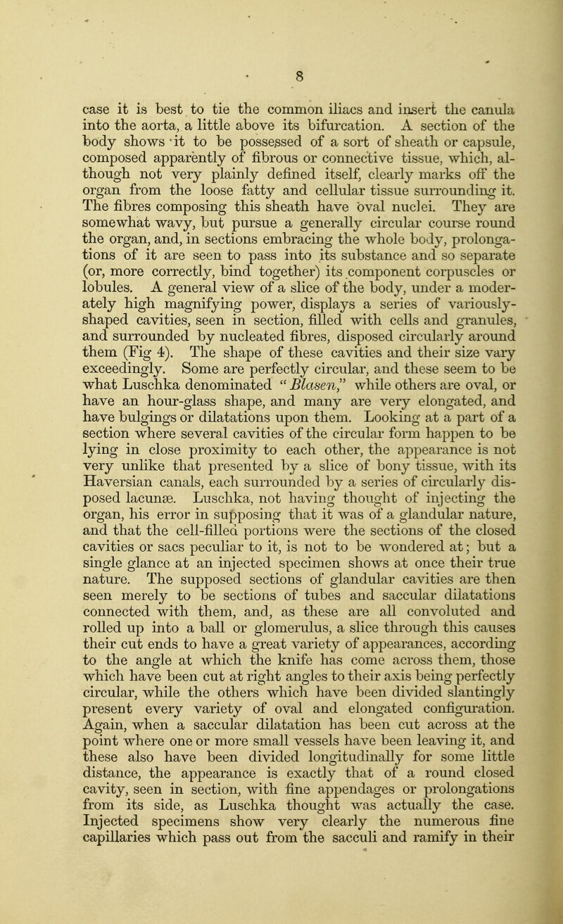 case it is best to tie the common iliacs and insert the canula into the aorta, a little above its bifurcation. A section of the body shows ' it to be possessed of a sort of sheath or capsule, composed apparently of fibrous or connective tissue, which, al- though not very plainly defined itself, clearly marks ofi* the organ from the loose fatty and cellular tissue surrounding it. The fibres composing this sheath have oval nuclei. They are somewhat wavy, but pursue a generally circular course round the organ, and, in sections embracing the whole body, prolonga- tions of it are seen to pass into its substance and so separate (or, more correctly, bind together) its component corpuscles or lobules. A general view of a slice of the body, under a moder- ately high magnifying power, displays a series of variously- shaped cavities, seen in section, filled with cells and granules, and surrounded by nucleated fibres, disposed circularly around them (Fig 4). The shape of these cavities and their size vary exceedingly. Some are perfectly circular, and these seem to be what Luschka denominated  Blasen,'' while others are oval, or have an hour-glass shape, and many are very elongated, and have bulgings or dilatations upon them. Looking at a part of a section where several cavities of the circular form happen to be lying in close proximity to each other, the appearance is not very unlike that presented by a slice of bony tissue, with its Haversian canals, each surrounded by a series of circularly dis- posed lacunae. Luschka, not having thought of injecting the organ, his error in supposing that it was of a glandular nature, and that the cell-filled portions were the sections of the closed cavities or sacs peculiar to it, is not to be wondered at; but a single glance at an injected specimen shows at once their true nature. The supposed, sections of glandular cavities are then seen merely to be sections of tubes and saccular dilatations connected with them, and, as these are all convoluted and rolled up into a ball or glomerulus, a slice through this causes their cut ends to have a great variety of appearances, according to the angle at which the knife has come across them, those which have been cut at right angles to their axis being perfectly circular, while the others which have been divided slantingly present every variety of oval and elongated configuration. Again, when a saccular dilatation has been cut across at the point where one or more small vessels have been leaving it, and these also have been divided longitudinally for some little distance, the appearance is exactly that of a round closed cavity, seen in section, with fine appendages or prolongations from its side, as Luschka thought was actually the case. Injected specimens show very clearly the numerous fine capillaries which pass out from the sacculi and ramify in their