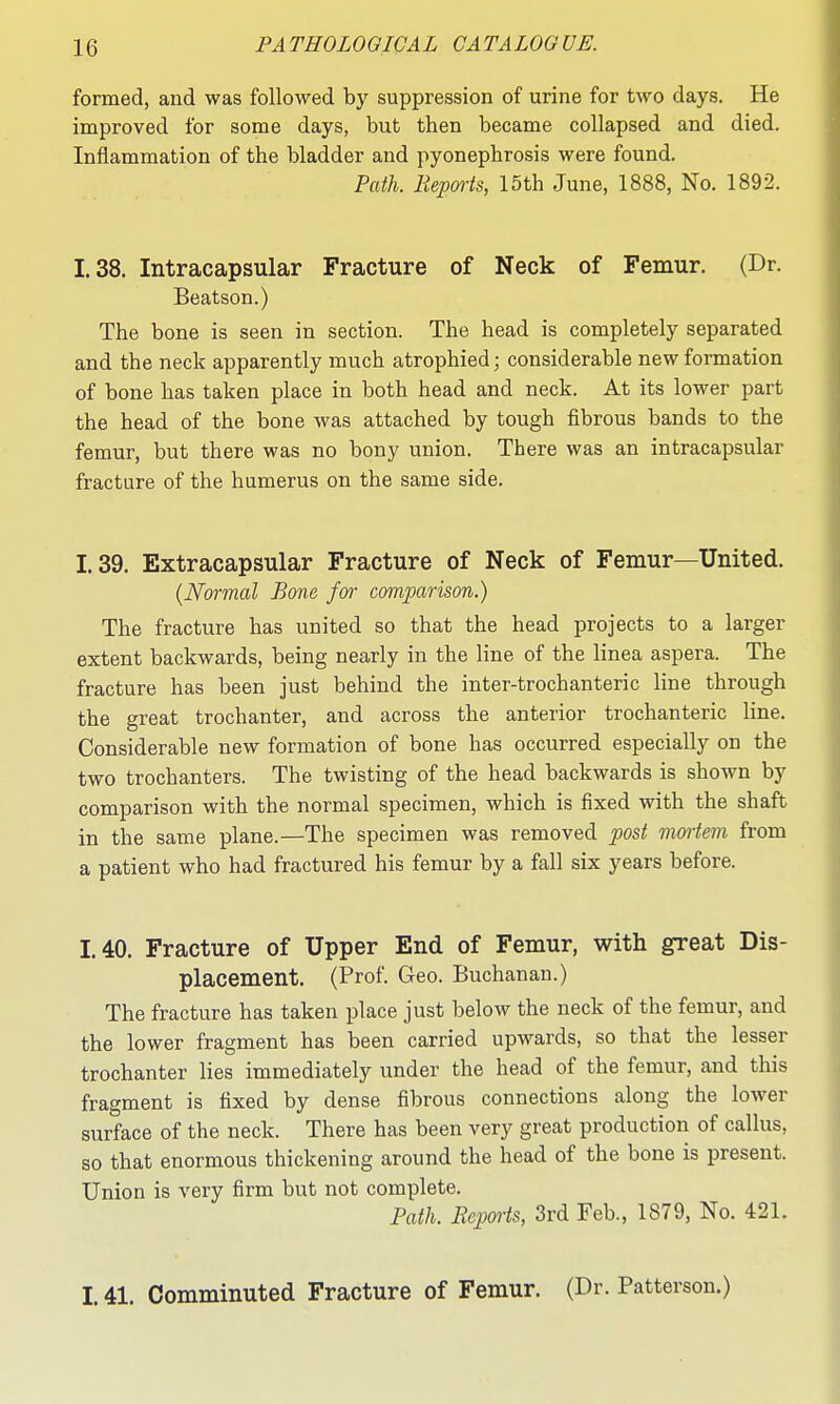 formed, and was followed by suppression of urine for two days. He improved for some days, but then became collapsed and died. Inflammation of the bladder and pyonephrosis were found. Path. Reports, 15th June, 1888, No. 1892. 1.38. Intracapsular Fracture of Neck of Femur. (Dr. Beatson.) The bone is seen in section. The head is completely separated and the neck apparently much atrophied; considerable new formation of bone has taken place in both head and neck. At its lower part the head of the bone was attached by tough fibrous bands to the femur, but there was no bony union. There was an intracapsular fracture of the humerus on the same side. 1.39. Extracapsular Fracture of Neck of Femur—United. {Normal Bone fm- comparison.) The fracture has united so that the head projects to a larger extent backwards, being nearly in the line of the linea aspera. The fracture has been just behind the inter-trochanteric line through the great trochanter, and across the anterior trochanteric line. Considerable new formation of bone has occurred especially on the two trochanters. The twisting of the head backwards is shown by comparison with the normal specimen, which is fixed with the shaft in the same plane.—The specimen was removed j^ost mortem from a patient who had fractured his femur by a fall six years before. 1.40. Fracture of Upper End of Femur, with great Dis- placement. (Prof. Geo. Buchanan.) The fracture has taken place just below the neck of the femur, and the lower fragment has been carried upwards, so that the lesser trochanter lies immediately under the head of the femur, and this fragment is fixed by dense fibrous connections along the lower surface of the neck. There has been very great production of callus, so that enormous thickening around the head of the bone is present. Union is very firm but not complete. Path. Eeports, 3rd Feb., 1879, No. 421. 1.41. Comminuted Fracture of Femur. (Dr. Patterson.)