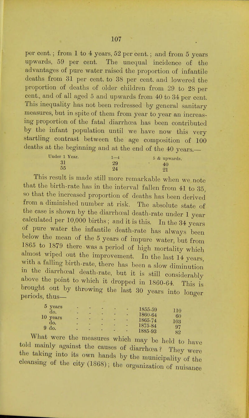 per cent.; from 1 to 4 years, 52 per cent.; and from 5 years upwards, 59 per cent. The unequal incidence of the advantages of pure water raised the proportion of infantile deaths from 31 per cent, to 38 per cent, and lowered the proportion of deaths of older children from 29 to 28 per cent., and of all aged 5 and upwards from 40 to 34 per cent. This inequality has not been redressed by general sanitary measures, but in spite of them from year to year an increas- ing proportion of the fatal diarrhoea has been contributed by the infant population until we have now this very startling contrast between the age composition of 100 deaths at the beginning and at the end of the 40 years. Under 1 Year. 31 56 1-4 29 24 5 & upwards. 40 21 This result is made still more remarkable when we note that the birth-rate has in the interval fallen from 41 to 35, so that the increased proportion of deaths has been derived from a diminished number at risk. The absolute state of the case is shown by the diarrhoeal death-rate under 1 year calculated per 10.000 births ; and it is this. In the 34 years of pure water the infantile death-rate has always been below the mean of the 5 years of impure water, but from 1865 to 1879 there was a period of high mortality which almost wiped out the improvement. In the last 14 years with a falling birth-rate, there has been a slow diminution m the diarrhceal death-rate, but it is still considerably above the point to which it dropped in 1860-64 This is brought out by throwing the last 30 years into longer periods, thus— ° 5 years do. 10 years do. 9 do. 1855-59 1860-64 1865-74 1875-84 1885-93 110 60 103 97 82 What were the measures which may be held to have told niamly against the causes of diarrhoea? They were he taking into its own hands by the municipality of the cleansing of the city (1868); the organization of nuisance