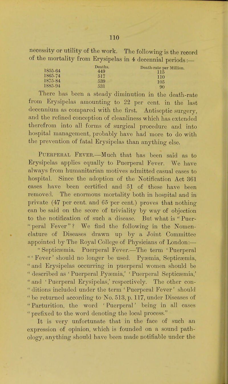 necessity or utility of the work. The following is the record of the mortality from Erysipelas in 4 decennial periods: , „ _ ^ „, Deaths. Death-rate per MUlion. 1855-64 449 115 1865-74 517 110 1875-84 539 105 1885-94 531 90 There has been a steady diminution in the death-rate from Erysipelas amounting to 22 per cent, in the last decennium as compared with the first. Antiseptic surgery, and the refined conception of cleanliness which has extended therefrom into all forms of surgical procedure and into hospital management, probably have had more to do with the prevention of fatal Erysipelas than anything else. Puerperal Fever.—Much that has been said as to Erysipelas applies equally to Puerperal Fever. We have always from humanitarian motives admitted casual cases to hospital. Since the adoption of the Notification Act 361 cases have been certified and 51 of these have been removed. The enormous mortality both in hospital and in private (47 per cent, and 65 per cent.) proves that nothing can be said on the score of triviality by way of objection to the notification of such a disease. But what is  Puer-  peral Fever ? We find the following in the Nomen- clature of Diseases drawn up by a Joint Committee appointed by The Royal College of Physicians of London:—  Septicaemia. Puerperal Fever.—The term ' Puerperal  ' Fever' should no longer be used. Pytemia, Septicemia,  and Erysipelas occurring in puerperal women should be  described as ' Puerperal Pyjemia,' ' Puerperal Septicjemia/  and ' Puerperal Erysipelas,' respectively. The other con-  ditions included under the term ' Puerperal Fever' should  be returned according to No, 513, p. 117, under Diseases of  Parturition, the word ' Puerperal' being in all cases  prefixed to the word denoting the local process. It is very unfortunate that in the face of such an expression of opinion, which is founded on a sound path- ology, anything should have been made notifiable under the