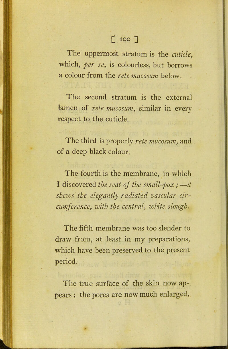 The uppermost stratum is the cuticle, which, per se, is colourless, but borrows a colour from the rete mucosum below. The second stratum is the external lamen of rete mucosum, similar in every respect to the cuticle. The third is properly rete mucosum, and of a deep black colour. The fourth is the membrane, in which I discovered the seat of the small-pox ; —it shezvs the elegantly radiated vascular cir- cumference, with the central, white slough. The fifth membrane was too slender to draw from, at least in my preparations, which have been preserved to the present period. The true surface of the skin now ap- f)ears; the pores are now much enlarged,