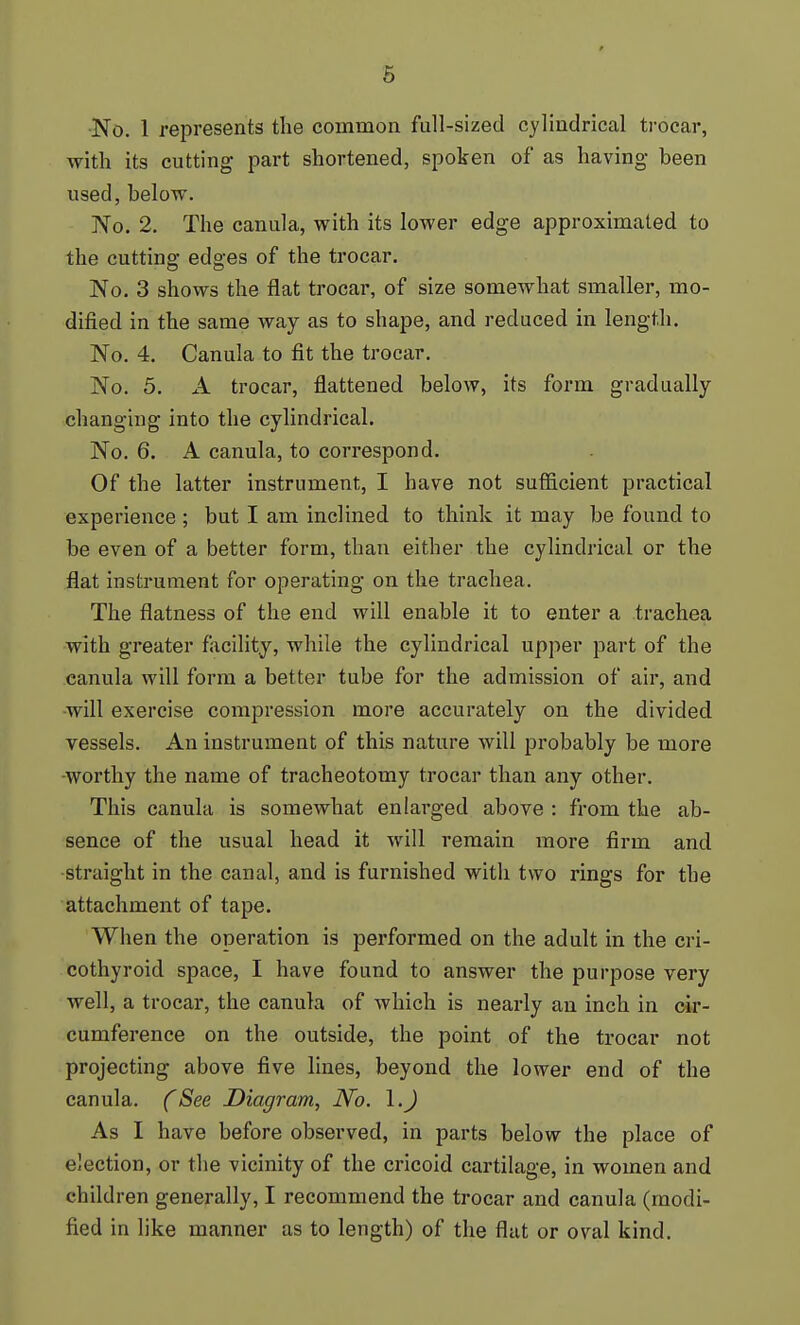 s •No. 1 represents the common full-sized cylindrical ti'ocar, with its cutting part shortened, spoken of as having- been used, below. No. 2. The canula, with its lower edge approximated to the cutting edges of the trocar. No. 3 shows the flat trocar, of size somewhat smaller, mo- dified in the same way as to shape, and reduced in length. No. 4. Canula to fit the trocar. No. 5. A trocar, flattened below, its form gradually changing into the cylindrical. No. 6. A canula, to correspond. Of the latter instrument, I have not sufficient practical experience ; but I am inclined to think it may be found to be even of a better form, than either the cylindrical or the flat instrument for operating on the trachea. The flatness of the end will enable it to enter a trachea with greater facility, while the cylindrical upper part of the canula will form a better tube for the admission of air, and will exercise compression more accurately on the divided vessels. An instrument of this nature will probably be more -worthy the name of tracheotomy trocar than any other. This canula is somewhat enlarged above : from the ab- sence of the usual head it will remain more firm and straight in the canal, and is furnished with two rings for the attachment of tape. When the operation is performed on the adult in the cri- cothyroid space, I have found to answer the purpose very well, a trocar, the canula of which is nearly an inch in cir- cumference on the outside, the point of the trocar not projecting above five lines, beyond the lower end of the canula. CSee Diagram, No. \.) As I have before observed, in parts below the place of election, or the vicinity of the cricoid cartilage, in women and children generally, I recommend the trocar and canula (modi- fied in like manner as to length) of the flat or oval kind.