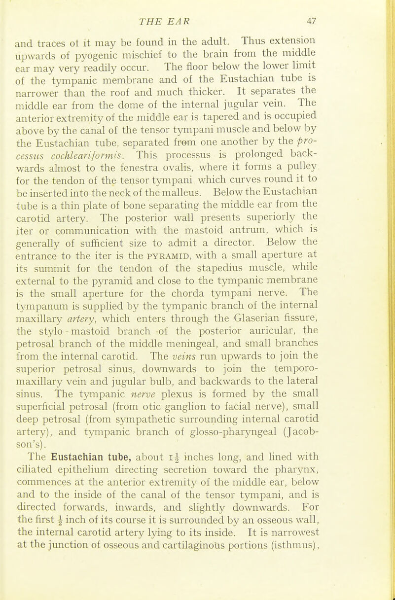 and traces ot it may be found in the adult. Thus extension upwards of pyogenic mischief to the brain from the middle ear may very readily occur. The floor below the lower limit of the tympanic membrane and of the Eustachian tube is narrower than the roof and much thicker. It separates the middle ear from the dome of the internal jugular vein. The anterior extremity of the middle ear is tapered and is occupied above by the canal of the tensor tympani muscle and below by the Eustachian tube, separated from one another by the pro- cessus cochleariformis. This processus is prolonged back- wards almost to the fenestra ovalis, where it forms a pulley for the tendon of the tensor tympani. which curves round it to be inserted into the neck of the malleus. Below the Eustachian tube is a thin plate of bone separating the middle ear from the carotid artery. The posterior wall presents superiorly the iter or communication with the mastoid antrum, which is generally of sufficient size to admit a director. Below the entrance to the iter is the pyramid, with a small aperture at its summit for the tendon of the stapedius muscle, while external to the pyramid and close to the tympanic membrane is the small aperture for the chorda tympani nerve. The tympanum is supplied by the tympanic branch of the internal maxillary artery, which enters through the Glaserian fissure, the stylo - mastoid branch of the posterior auricular, the petrosal branch of the middle meningeal, and small branches from the internal carotid. The veins run upwards to join the superior petrosal sinus, downwards to join the temporo- maxillary vein and jugular bulb, and backwards to the lateral sinus. The tympanic nerve plexus is formed by the small superficial petrosal (from otic ganglion to facial nerve), small deep petrosal (from sympathetic surrounding internal carotid artery), and tympanic branch of glosso-pharyngeal (Jacob- son's). The Eustachian tube, about inches long, and hned with ciliated epithelium directing secretion toward the pharynx, commences at the anterior extremity of the middle ear, below and to the inside of the canal of the tensor t5nTipani, and is directed forwards, inwards, and slightly downwards. For the first | inch of its course it is surrounded by an osseous wall, the internal carotid artery lying to its inside. It is narrowest at the junction of osseous and cartilaginous portions (isthmus),