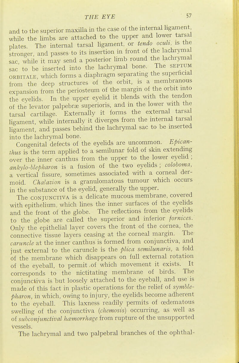 and to the superior maxilla in the case of the internal ligament while the limbs are attached to the upper and lower tarsal plates The internal tarsal ligament, or tendo ocuh is the stronger, and passes to its insertion in front of the lachryma sac while it may send a posterior limb round the lachrymal sac to be inserted into the lachrymal bone. The septum ORBITALE, which forms a diaphragm separating the superhciai from the deep structures of the orbit, is a membranous expansion from the periosteum of the margin of the orbit into the eyelids. In the upper eyelid it blends with the tendon of the levator palpebrse superioris, and in the lower with the tarsal cartilage. Externally it forms the external tarsa ligament, while internally it diverges from the internal tarsal ligament, and passes behind the lachrymal sac to be inserted into the lachrymal bone. Congenital defects of the eyelids are uncommon. Eptcan- thus is the term applied to a semilunar fold of skin extending over the inner canthus from the upper to the lower eyelid ; ankylo-hUpharon is a fusion of the two eyelids ; coloboma, a vertical fissure, sometimes associated with a corneal der- moid. Chalazion is a granulomatous tumour which occurs in the substance of the eyelid, generally the upper. The CONJUNCTIVA is a delicate mucous membrane, covered with epithelium, which lines the inner surfaces of the eyelids and the front of the globe. The reflections from the eyelids to the globe are called the superior and inferior fornices. Only the epithelial layer covers the front of the cornea, the connective tissue layers ceasing at the corneal margin. The caruncle at the inner canthus is formed from conjunctiva, and just external to the caruncle is the plica semilunaris, a fold Of the membrane which disappears on full external rotation of the eyeball, to permit .of which movement it exists. It corresponds to the nictitating membrane of birds. The conjunctiva is but loosely attached to the eyeball, and use is made of this fact in plastic operations for the relief of symble- pharon, in which, owing to injury, the eyelids become adherent to the eyeball. This laxness readily permits of oedematous swelling of the conjunctiva [chemosis) occurring, as well as of suhconpmctival hcemorrhage from rupture of the unsupported vessels. The lachrymal and two palpebral branches of the ophthal-