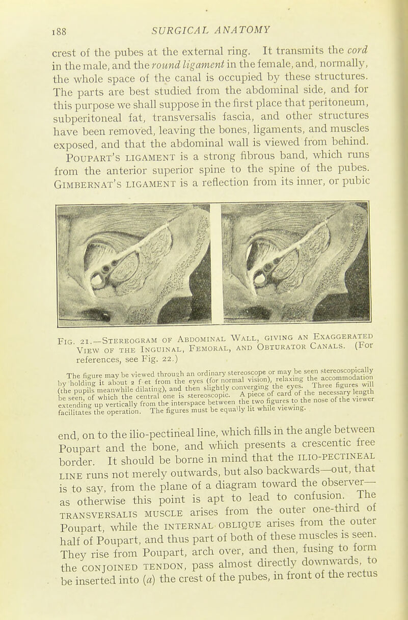 crest of the pubes at the external ring. It transmits the cord in the male, and the round ligament in the female, and, normally, the whole space of the canal is occupied by these structures. The parts are best studied from the abdominal side, and for this purpose we shall suppose in the first place that peritoneum, subperitoneal fat, transversalis fascia, and other structures have been removed, leaving the bones, ligaments, and muscles exposed, and that the abdominal wall is viewed from behind. Poupart's ligament is a strong fibrous band, which runs from the anterior superior spine to the spine of the pubes. Gimbernat's ligament is a reflection from its inner, or pubic Fig 21 -Stereogram of Abdominal Wall, giving an Exaggerated 'view of the Inguinal, Femoral, and Obturator Canals, (tor references, see Fig. 22.) The figure may be viewed through an ordinary stereoscope or may be seen ■'^te;;^°3'f f''>' 1,,, hnMin^ it about 2 f et from the eyes (for normal vision), relaxmg the accommodation pi f meatrhile%ii:ting), and thL slightly converging ^es Jh,^^^^ be seen of which the central one is stereoscopic. A piece of <==>™ °f the necessarj lengtn extending up vertically from the interspace between the two figures to the nose of the viewer facilitate! the operation. The figures must be equaUy lit while viewing. end, on to the iho-pectineal line, which fills in the angle between Poupart and the bone, and which presents a crescentic free border It should be borne in mind that the ilio-pectineal LINE runs not merely outwards, but also backwards—out, that is to say, from the plane of a diagram toward the observer- as otherwise this point is apt to lead to confusion _ The TRANSVERSALIS MUSCLE arises from the outer one-thu'd of Poupart while the internal oblique arises from the outei half of Poupart, and thus part of both of these muscles is seen. They rise from Poupart, arch over, and then, fusing to form the conjoined tendon, pass almost directly doNvnwards, to be inserted into [a] the crest of the pubes, in front of the rectus