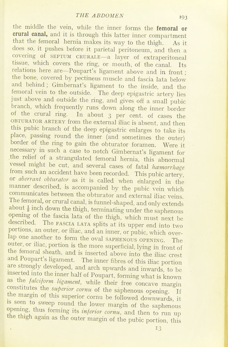the middle the vein, while the inner forms the femoral or crural canal, and it is through this latter inner compartment that the femoral hernia makes its way to the thigh. As it does so, it pushes before it parietal peritoneiun, and then a covering of septum crurale—a layer of extraperitoneal tissue, which covers the ring, or mouth, of the canal. Its relations here are—Poupart's ligament above and in front ; the bone, covered by pectineus muscle and fascia lata below and behind; Gimbernat's hgament to the inside, and the femoral vein to the outside. The deep epigastric artery lies just above and outside the ring, and gives off a small pubic branch, which frequently runs down along the inner border of the crural ring. In about 3 per cent, of cases the OBTURATOR ARTERY from the external iliac is absent, and then this pubic branch of the deep epigastric enlarges to take its place, passing round the inner (and sometimes the outer) border of the ring to gain the obturator foramen. Were it necessary in such a case to notch Gimbernat's ligament for _the relief of a strangulated femoral hernia, this abnormal vessel might be cut, and several cases of fatal hcemorrhage from such an accident have been recorded. This pubic artery or aberrant obturator as it is called when enlarged in the manner described, is accompanied by the pubic vein which commumcates between the obturator and external iliac veins The femoral, or crural canal, is funnel-shaped, and only extends about 1 inch down the thigh, temiinating under the saphenous opemng of the fascia lata of the thigh, which must next be described. The fascia lata splits at its upper end into two portions, an outer, or iliac, and an inner, or pubic, which over- lap one another to fonn the oval saphenous opening The outer, or iliac, portion is the more superficial, lying in front of the femoral sheath, and is inserted above into the iliac crest and Poupart's ligament. The inner fibres of this iliac portion are strongly developed, and arch upwards and inwards to be inserted into the inner half of Poupai-t, forming what is known as the falciform ligament, while their free concave margin constitutes the superior cornu of the saphenous opening If tne margin of this superior cornu be followed downwards it IS seen to sweep round the lower margin of the saphenous opening thus forming its inferior cornu, and then to run up the thigh again as the outer margin of the pubic portion, this 13