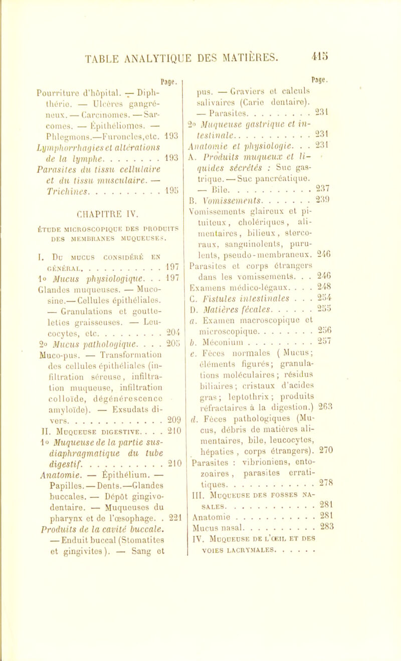 Tage. Pûui'ritiive d'hopihil. — Dipli- Ihéi'io. — lllcrivs yailf^ro- noiix. — Carcinomes. —Sar- comes. — Kpithclioillos. — Plilct;mons.—Furoiu'les.etc. 493 Lym]tlH>rrh(ujieset altérations de la lymphe 193 Parasites du tissu celhilaire et du tissu musculaire. — Tricliincs 195 CHAPITRE IV. ÉTUDE MICnOSCOPlQUE DES mODUlTS DES MEMBliANES MOQUEUSE-. I. Du MUCUS CONSIDÉRÉ EN GÉ.\ÉR.\L I9ï 1° Mucus physiologique. . . 197 Glandes muqueuses. — Muco- sine.— Cellules épithélialos. — Granulations et goulte- letios graisseuses. — Leu- cocytes, Ole 2Û{ 2» Mucus patholngigue. . . . 205 Muco-pus. — Transformation des cellules Opithéliales (in- filtration séreuse, infiltra- tion muqueuse, infiltration colloïde, dégénérosconcc aniyloïde). — Exsudais di- vers 209 II. Muqueuse digestive. . . . 210 lo Muqueuse de la partie sus- diaphragmatique du tube digestif. 210 Anatomie. — Épithélium. — Papilles. — Dents.—Glandes buccales. — Dépôt gingivo- dentaire. — Muqueuses du pharynx et do l'œsophage. . 221 Produits de la cavité buccale. — Enduit buccal (Stomatites et gingivites). — Sang ot Pajc. pus. — Graviers et calculs salivaircs (Cario donlairo). — Parasites 231 2 Muqxieuse gastrique et in- testinale 231 Anatomie et physiologie. . . 231 A. Produits muqueux el li- ■ quidcs sécrétés : Suc gas- trique. — Suc paucrcaliquo. — lîilo 237 B. Vomissements 239 Vomissements glaireux et pi- tuiteux, choIéri<|uu9, ali- mentaires, bilieux, slorco- raux. sanguinolents, puru- lents, pseudo-membraneux. 2iG Parasites el corps étrangers dans les vomissements. . . 246 Examens médico-légaux. . . . 2^8 C. Fistules intestinales . . . 254 D. Matières fécales 2S5 a. Examen macroscopique cl microscopique 2,'>G b. Méconium 257 e. Fèces noi'malos (Mucus; éléments figurés; granula- tions moléculaires ; résidus biliaires; cristaux d'acides gras; Icplothrix; produits rél'ractaires à la digestion.) 263 ((. Fèces pathologiques (Mu- cus, débris de matières ali- mentaires, bile, leucocytes, hépaties , corps étrangers). 270 Parasites : vibrioniens, ento- zoaires, parasites errati- tiques 278 III. Muqueuse des fosses na- sales 281 Anatomie 281 Mucus nasal 283 IV, Muqueuse de l'oeil et des VOIES LACRYMALES