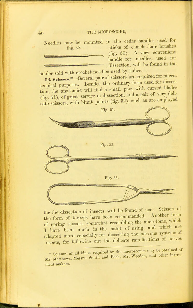 Needles may be mounted Fig. 50. m the cedar handles used for sticks of camels'-hair brushes (fig. 50). A very convenient handle for needles, used for dissection, will be found in the holder sold with crochet needles used by ladies. 53. Sci««or«.*-Several pair of scissors are required for micro- scopical purposes. Besides the ordinary form used for dissec- tion, the anatomist ^ill find a small pair with curved blades (^^ 5V) of great service in dissection, and a pair of very deii- Sfe scissors, with blunt points (fig. 52), such as are^mployed Fig. 51. Fig. 52. Fig. 53. for the dissection of insects, will be found of use Scissors ot the form of forceps have been recommended. Another torm of spring scissors, somewhat resembHng the microtome, wtucli I have been much in the habit of using, and which are adapted more especially for dissecting the nervous systems ot insects, for foUowing out the deUcate ramifications of nerves * Scissors of all kinds required by the microscopist may be obtained of Mr. Slwl Messrs. Smith and Beck. Mr. Weedon, and other tnstru- ment makers.