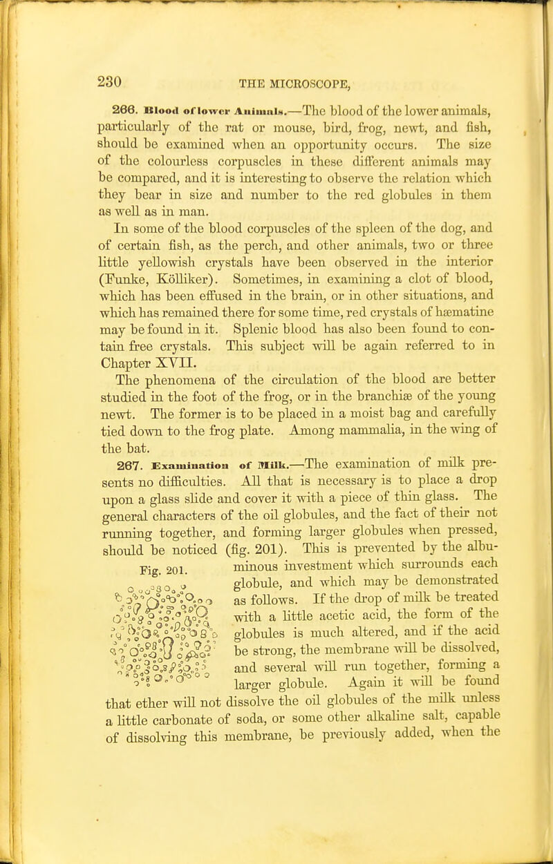 266. Biooti ofioivcr AiiiiuaiM.—The blood of the lower animals, particularly of the rat or mouse, bird, frog, newt, and fish, should be examined when an opportunity occurs. The size of the colourless corpuscles in these dilFerent animals may be compared, and it is interesting to observe the relation which they bear in size and number to the red globides in them as well as in man. In some of the blood corpuscles of the spleen of the dog, and of certain fish, as the perch, and other animals, two or three little yellovsdsh crystals have been observed in the interior (!Punke, KoUiker). Sometimes, in examining a clot of blood, which has been eflEiised in the brain, or in other situations, and which has remained there for some time, red crystals of hgematine may be foiind in it. Splenic blood has also been found to con- tain free crystals. This subject will be again referred to in Chapter XYII. The phenomena of the circulation of the blood are better studied in the foot of the frog, or in the branchiae of the young newt. The former is to be placed in a moist bag and carefully tied down to the frog plate. Among mammalia, in the wing of the bat. 267. Examination of milk.—The examination of nulk pre- sents no difficulties. AH that is necessary is to place a drop upon a glass sUde and cover it with a piece of thin glass. The general characters of the oil globules, and the fact of their not running together, and forming larger globides when pressed, should be noticed (fig. 201). This is prevented by the albu- Yig, 201. minous investment which surrounds each jso ^ globule, and which maybe demonstrated |^^£jo^°^:>.o as follows. If the drop of rm\k be treated 0?o^Y''^''^%^' with a little acetic acid, the form of the 'y\^ib»f°roo°oi'8 & globules is much altered, and if the acid <3O%o°'U J■ be strong, the membrane will be dissolved, \P>^§o!si'^b„?-^ and several will run together, forming a ^t8C}„''o°°°= larger globule. Again it will be found that ether will not dissolve the oil globules of the nulk unless a little carbonate of soda, or some other alkaline salt, capable of dissolving this membrane, be previously added, when the