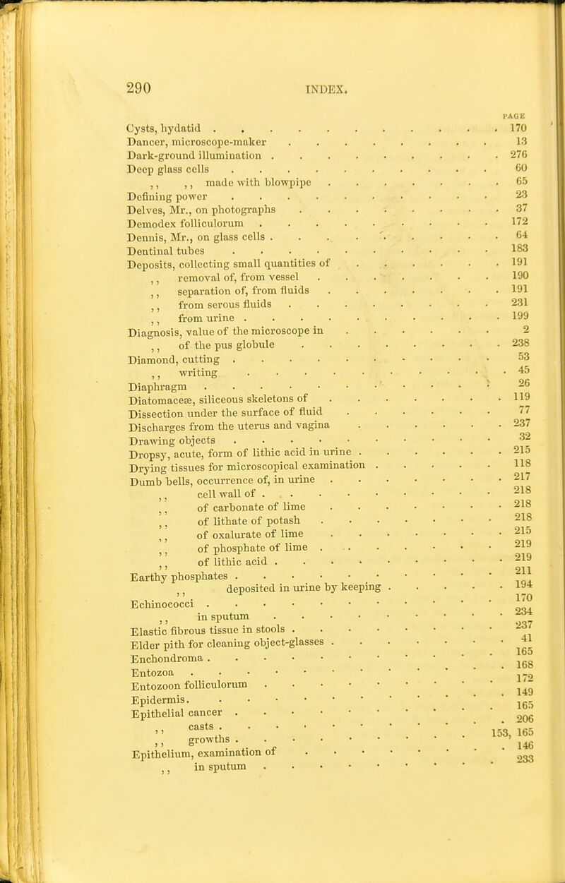 Cysts, hydatid Dancer, microscope-maker Darlc-ground illumiuation . Deep glass cells ,, ,, made with blowpipe Defining power ..... Delves, Mr., on photographs Demodex foUiculorum .... Dennis, Mr., on glass cells . Dentinal tubes ..... Deposits, collecting small quantities of ,, removal of, from vessel ,, separation of, from fluids ,, from serous fluids ,, from urine .... Diagnosis, value of the microscope in ,, of the pus globule Diamond, cutting writing .... Diaphragm DiatomaceaJ, siliceous skeletons of Dissection under the surface of fluid Discharges from the uterus and vagina Drawing objects Dropsy, acute, form of lithic acid in urine Drying tissues for microscopical examination Dumb bells, occurrence of, in urine . ,, cell wall of . . . ,, of carbonate of lime ,, of lithate of potash ,, of oxalurate of lime ,, of phosphate of lime . ,, of lithic acid . Earthy phosphates ,, deposited in urine by keeping Echinococci , J in sputum Elastic fibrous tissue in stools . Elder pith for cleaning object-glasses . Enchondroma Entozoa Entozoon folliculorum Epidermis Epithelial cancer . . • • J, casts . . • • • J, growths . . • ■ Epithelium, examination of , in sputum
