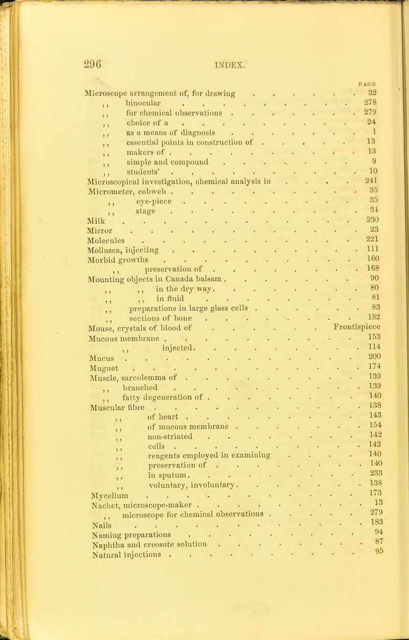l-AGK Microscope arrangement of, for drawing 32 ,, binocular ......... 278 ,, for chemical observations ....... 279 ,, choice of a ........ . 24 ,, as a means of diagnosis ....... 1 ,, essential points in construction of .... • 13 ,, makers of ...... . ... 13 ,, simple and compound ....... 9 ,, students' 10 Microscopical investigation, chemical analysis in ... . 241 Micrometer, cobweb ...... .... 35 ,, eye-piece ......... 35 ,, stage . . • 3i Milk 230 Mirror . .... ....... 23 Molecules ........... 221 MoUusca, injecting Ill Morbid growths 160 ,, preservation of ....... . 168 Mounting objects in Canada balsam 90 ,, ,, in the dry way........ 80 ,, ,, in fluid ........ 81 ,, preparations in large glass cells 83 ,, sections of bone ........ 182 Mouse, crystals of blood of Frontispiece Mucous membrane lo3 injected 11-t Mucus 200 Muguet 1* Muscle, sarcolemma of ........ • 139 ,, branched 139 ,, fatty degeneration of ....... • 140 Muscular fibre 138 ,, of heart 143 of mucous membrane . . . . . • .154 ,, non-striated ........ 142 ,, cells 142 reagents employed in examining .... 140 ,, preservation of • 140 ,, in sputum 233 ,, voluntary, involuntary 138 Mycelium . . . • • • • • • • • ^'^ Nachet, microscope-maker . 13 microscope for chemical observations . . . • • 2/9 Nails Naming preparations ^4 Naphtha and creosote solution Natural injections