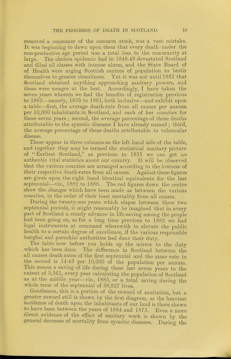 removed a consumer of the common stock, was a vast mistake. It was beginning to dawn upon them that every death under the non-productive age period was a total loss to the community at large. The cholera epidemic had in 1848-49 devastated Scotland and filled all classes with intense alarm, and the State Board of of Health were urging Scottish centres of population to bestir themselves to greater cleanliness. Yet it was not until 1862 that Scotland obtained anything approaching .sanitary powers, and these were meagre at the best. Accordingly, I have taken the seven years wherein we had the benefits of registration previous to 1862—namely, 1855 to 1861, both inclusive—and exhibit upon a table—first, the average death-rate from all causes per annum per 10,000 inhabitants in Scotland, and each of her counties for these seven years ; second, the average percentage of these deaths attributable to the zymotic diseases I have already named; third, the average percentage of these deaths attributable to tubercular disease. These appear in three columns on the left hand side of the table, and together they may be termed the statistical sanitary picture of Earliest Scotland, as previous to 1855 we can get no authentic vital statistics anent our country. It will be observed that the various counties are arranged according to the lowness of their respective death-rates from all causes. Against these figures are given upon the right hand identical equivalents for the last septennial—viz., 1882 to 1888. The red figures down the centre show the changes which have been made as between the various counties, in the order of their least mortality from all causes. During the twenty-one years which elapse between these two septennial periods, it might reasonably be imagined that in every part of Scotland a steady advance in life-saving among the people had been going on, as for a long time previous to 1882 we had legal instruments at command wherewith to elevate the public health to a certain degree of excellence, if the various responsible burghal and parochial authorities had done their duty. The table now before you holds up the mirror to the duty which has been done. The difference in Scotland between the all causes death-rates of the first septennial and the same rate in the second is 14-43 per 10,000 of the population per annum. This means a saving of life during these last seven years to the extent of 5,561, every year calculating the population of Scotland as at the middle year—viz., 1885, or a total saving during the whole term of the septennial of 38,927 lives. Gentlemen, this is a portion of the reward of sanitation, but a greater reward still is shown by the first diagram, as the heaviest incidence of death upon the inhabitants of our land is there shown ■ to have been between the years of 1864 and 1875. Even a more direct evidence of the effect of sanitary work is shown by the general decrease of mortality from zymotic diseases. During the