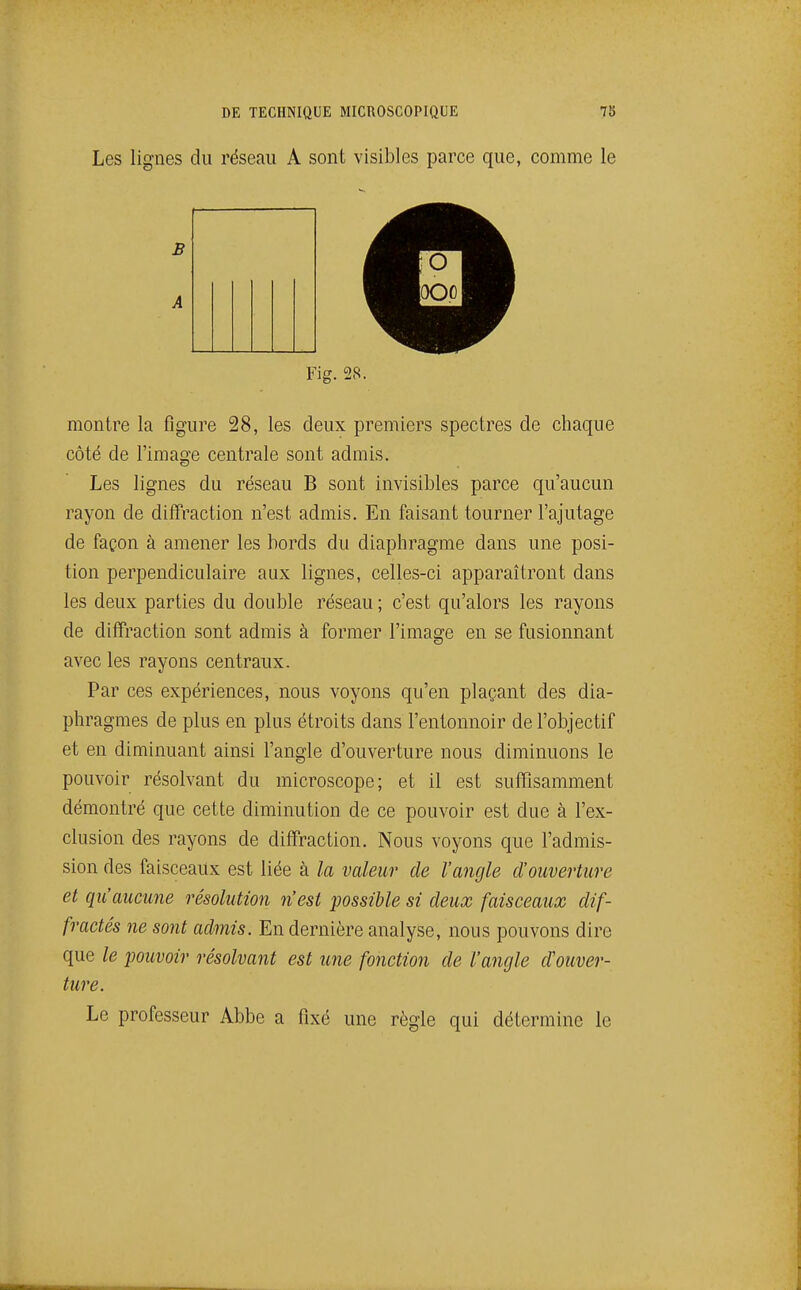 Les lignes du réseau A sont visibles parce que, comme le Fig. 28. montre la figure 28, les deux premiers spectres de chaque côté de l'image centrale sont admis. Les lignes du réseau B sont invisibles parce qu'aucun rayon de diffraction n'est admis. En faisant tourner l'ajutage de façon à amener les bords du diaphragme dans une posi- tion perpendiculaire aux lignes, celles-ci apparaîtront dans les deux parties du double réseau ; c'est qu'alors les rayons de diffraction sont admis à former l'image en se fusionnant avec les rayons centraux. Par ces expériences, nous voyons qu'en plaçant des dia- phragmes de plus en plus étroits dans l'entonnoir de l'objectif et en diminuant ainsi l'angle d'ouverture nous diminuons le pouvoir résolvant du microscope; et il est suffisamment démontré que cette diminution de ce pouvoir est due à l'ex- clusion des rayons de diffraction. Nous voyons que l'admis- sion des faisceaux est liée à la valeur de l'angle d'ouverture et qu'aucune résolution n'est possible si deux faisceaux dif- fractés ne sont admis. En dernière analyse, nous pouvons dire que le pouvoir résolvant est une fonction de l'angle d'ouver- ture. Le professeur Abbe a fixé une règle qui détermine le