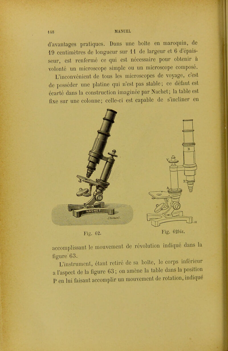 d'avantages pratiques. Dans une boîte en maroquin, de 19 centimètres de longueur sur 11 de largeur et 6 d'épais- seur, est renfermé ce qui est nécessaire pour obtenir à volonté un microscope simple ou un microscope composé. L'inconvénient de tous les microscopes de voyage, c'est de posséder une platine qui n'est pas stable ; ce défaut est écarté dans la construction imaginée par Nachet; la table est fixe sur une colonne; celle-ci est capable de s'incliner en Fig. 62. Fig. 62to. accomplissant le mouvement de révolution indiqué dans la figure'63 L'instrument, étant retiré de sa boîte, le corps inférieur a l'aspect de la figure 63 ; on amène la table dans la position P en lui faisant accomplir un mouvement de rotation, indiqué